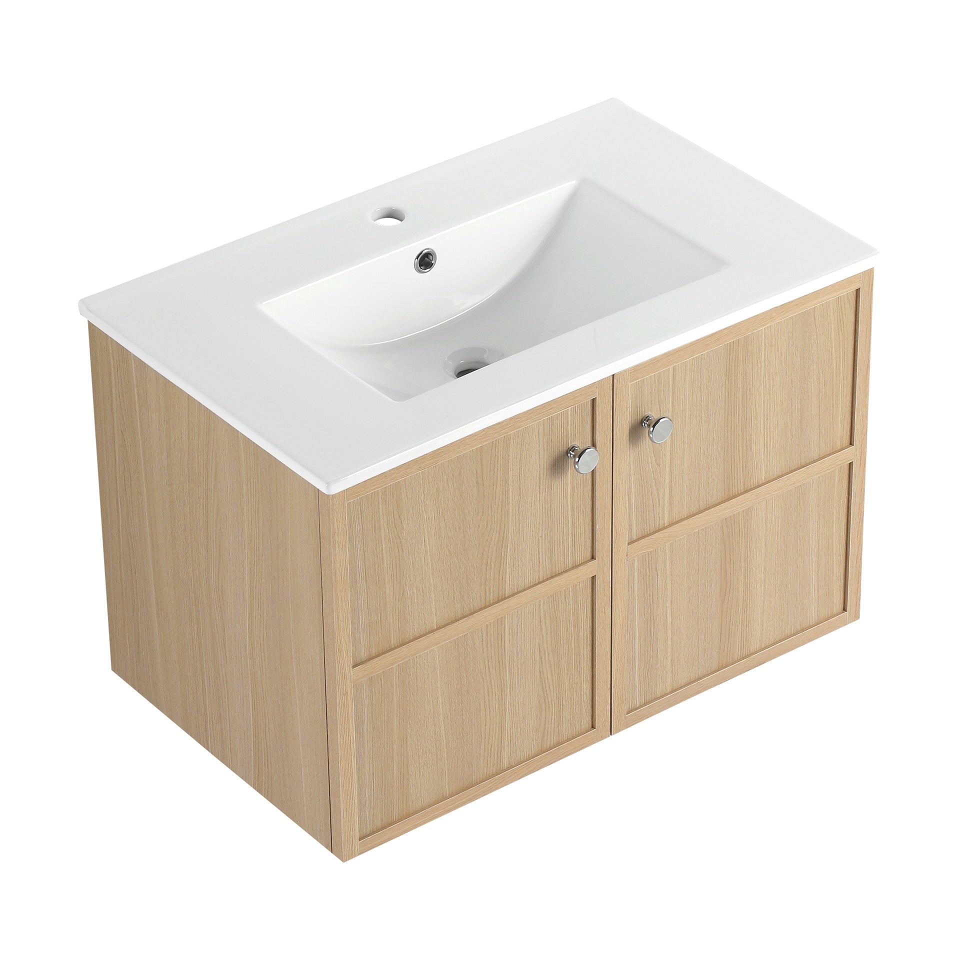 30" Wall-Mounted Bathroom Vanity whit Ceramic Sink, 2-Soft Closing Door, Oak, Plywood