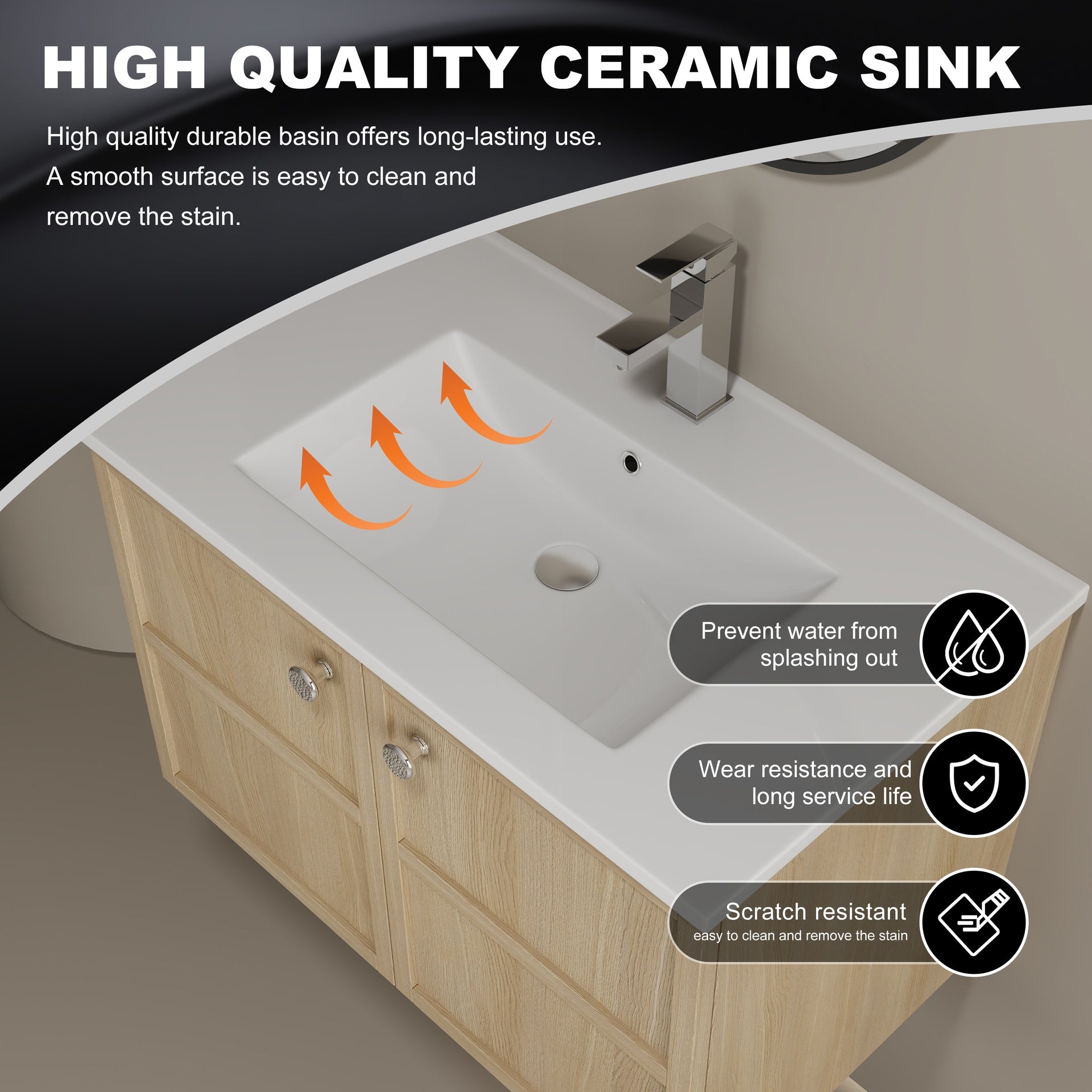 30" Wall-Mounted Bathroom Vanity whit Ceramic Sink, 2-Soft Closing Door, Oak, Plywood