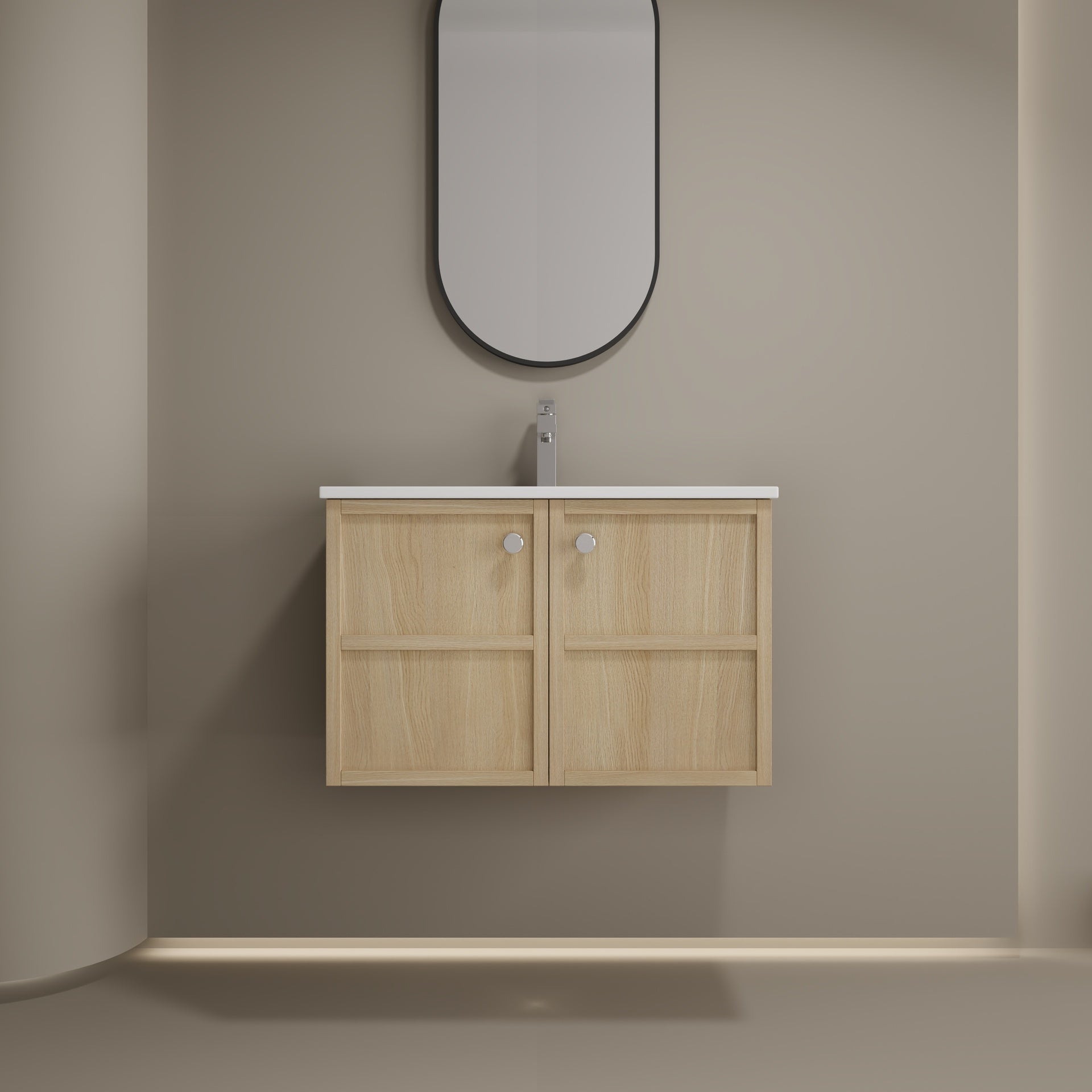 30" Wall-Mounted Bathroom Vanity whit Ceramic Sink, 2-Soft Closing Door, Oak, Plywood