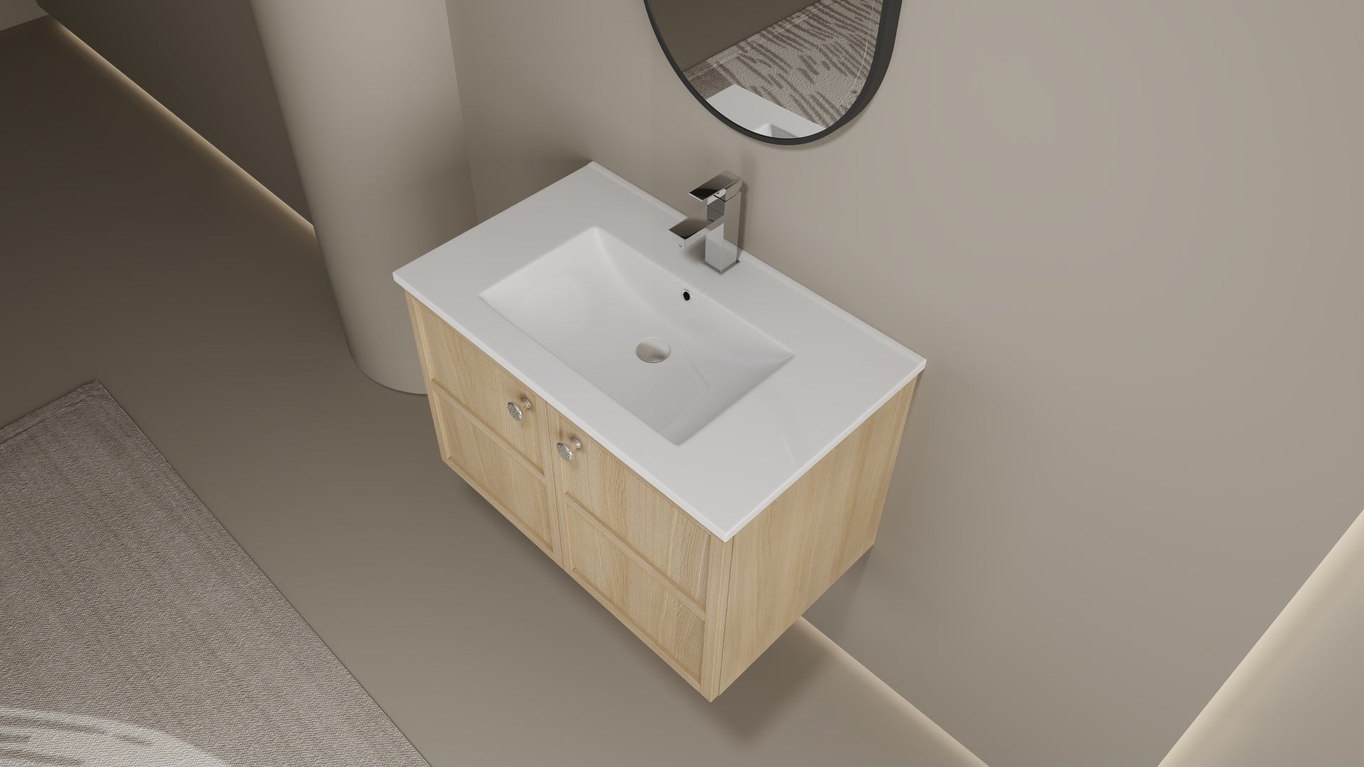 30" Wall-Mounted Bathroom Vanity whit Ceramic Sink, 2-Soft Closing Door, Oak, Plywood