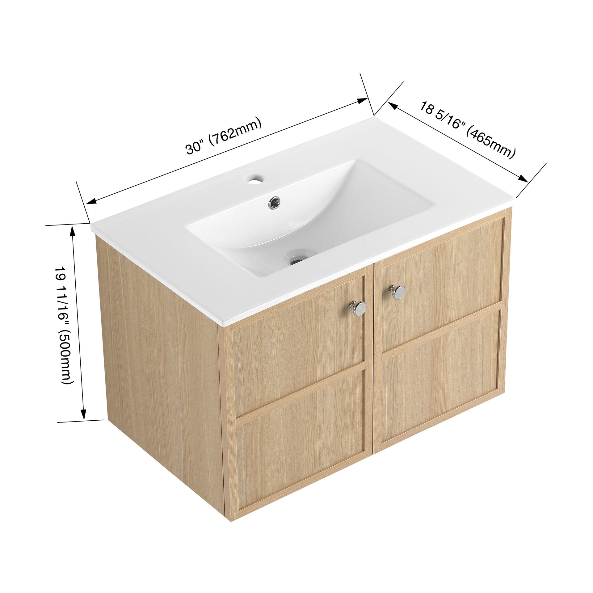 30" Wall-Mounted Bathroom Vanity whit Ceramic Sink, 2-Soft Closing Door, Oak, Plywood