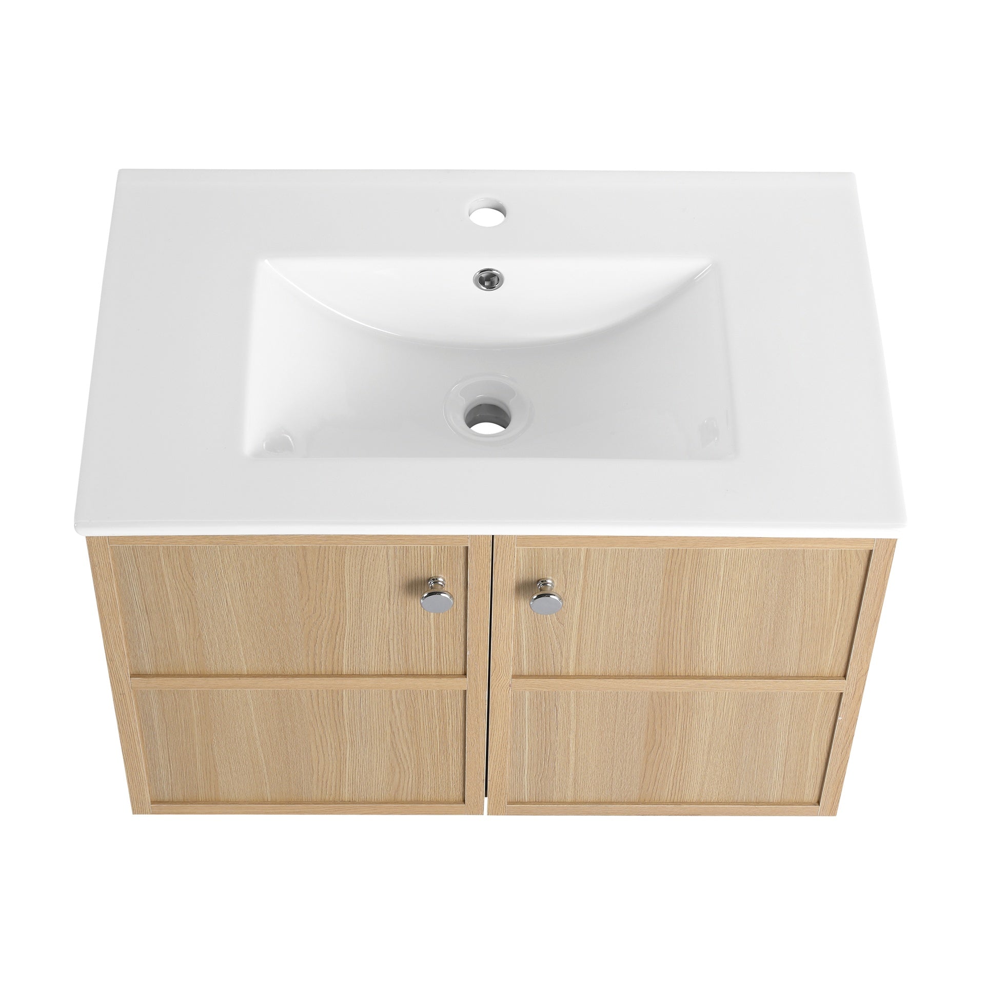 30" Wall-Mounted Bathroom Vanity whit Ceramic Sink, 2-Soft Closing Door, Oak, Plywood