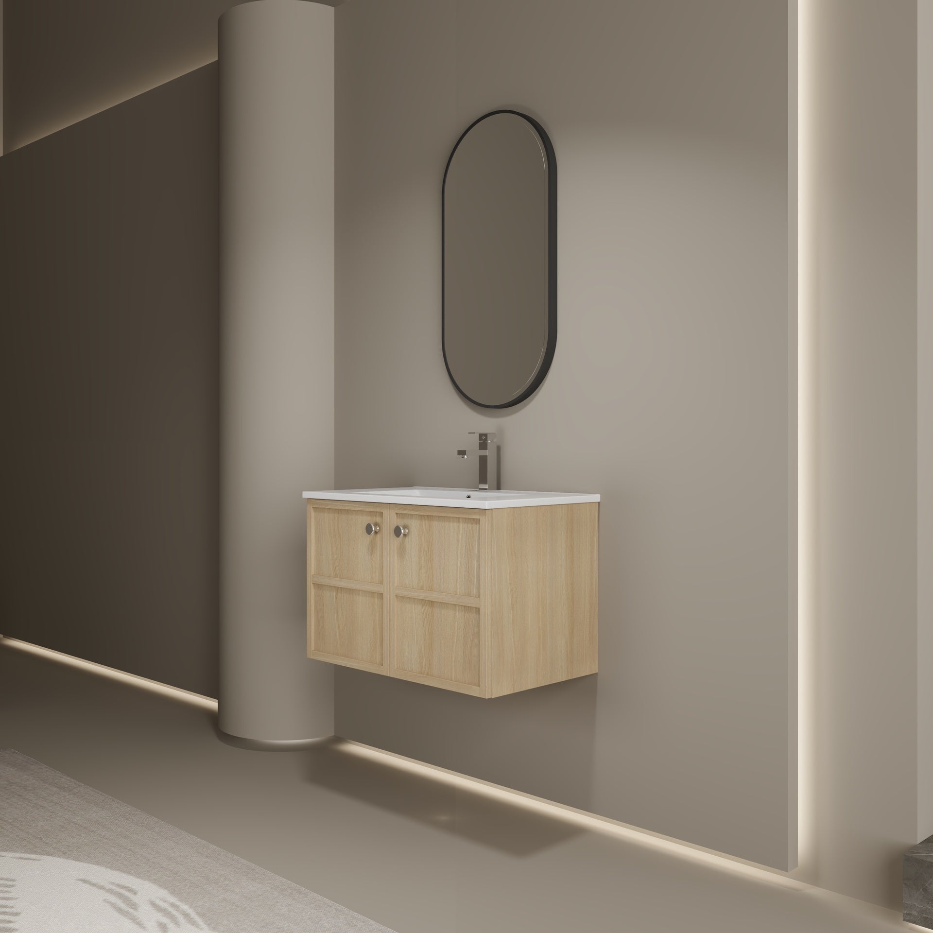 30" Wall-Mounted Bathroom Vanity whit Ceramic Sink, 2-Soft Closing Door, Oak, Plywood