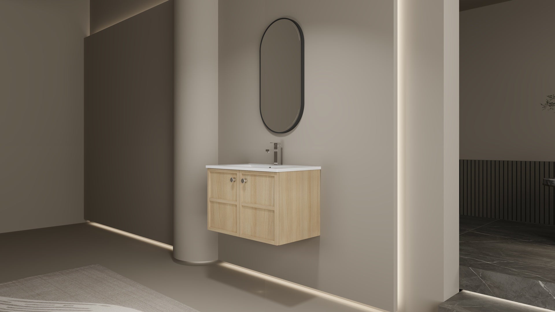 30" Wall-Mounted Bathroom Vanity whit Ceramic Sink, 2-Soft Closing Door, Oak, Plywood