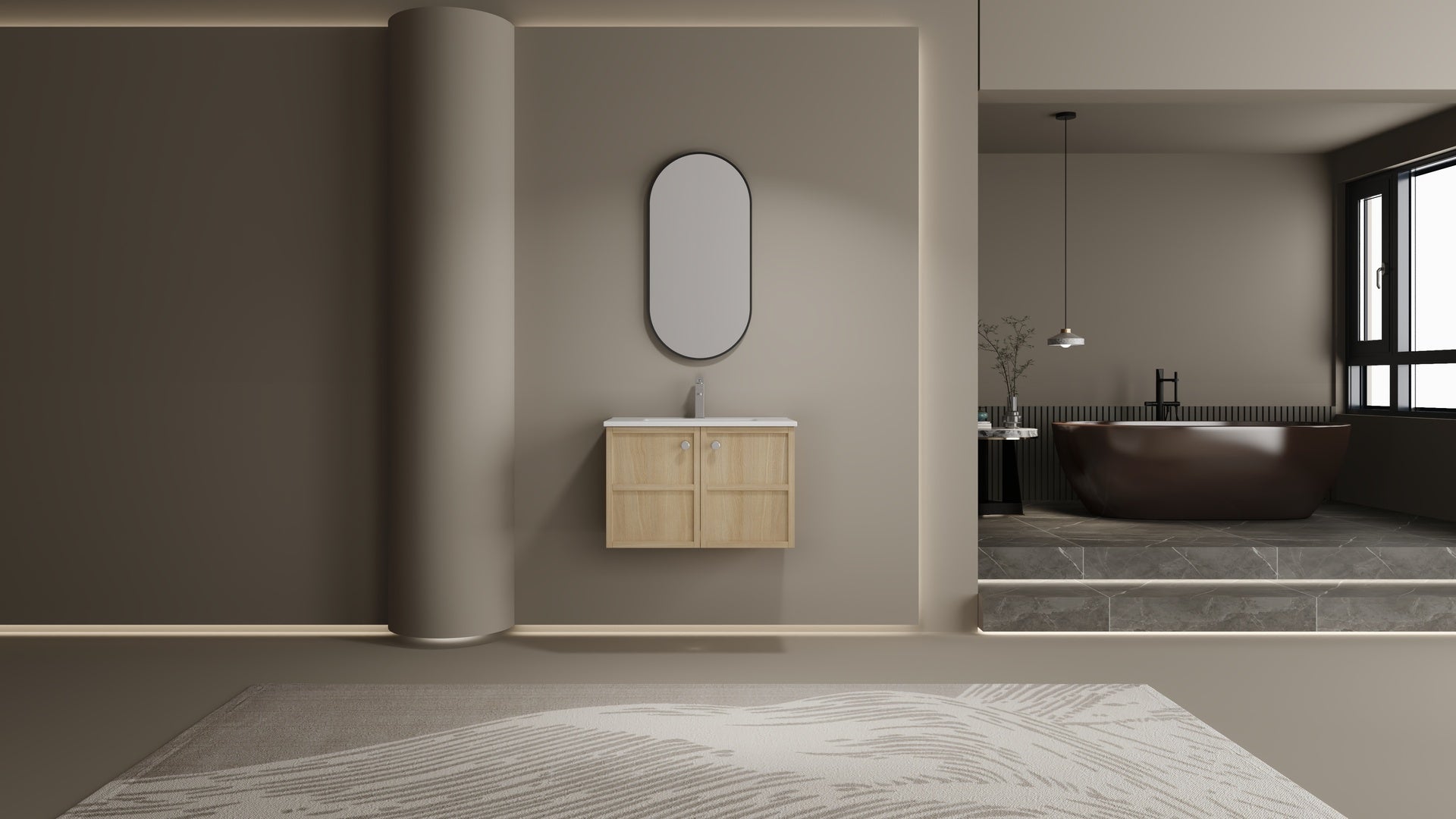 30" Wall-Mounted Bathroom Vanity whit Ceramic Sink, 2-Soft Closing Door, Oak, Plywood