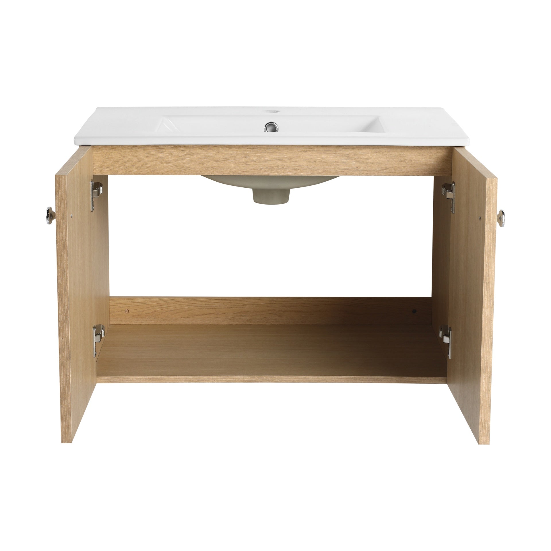 30" Wall-Mounted Bathroom Vanity whit Ceramic Sink, 2-Soft Closing Door, Oak, Plywood