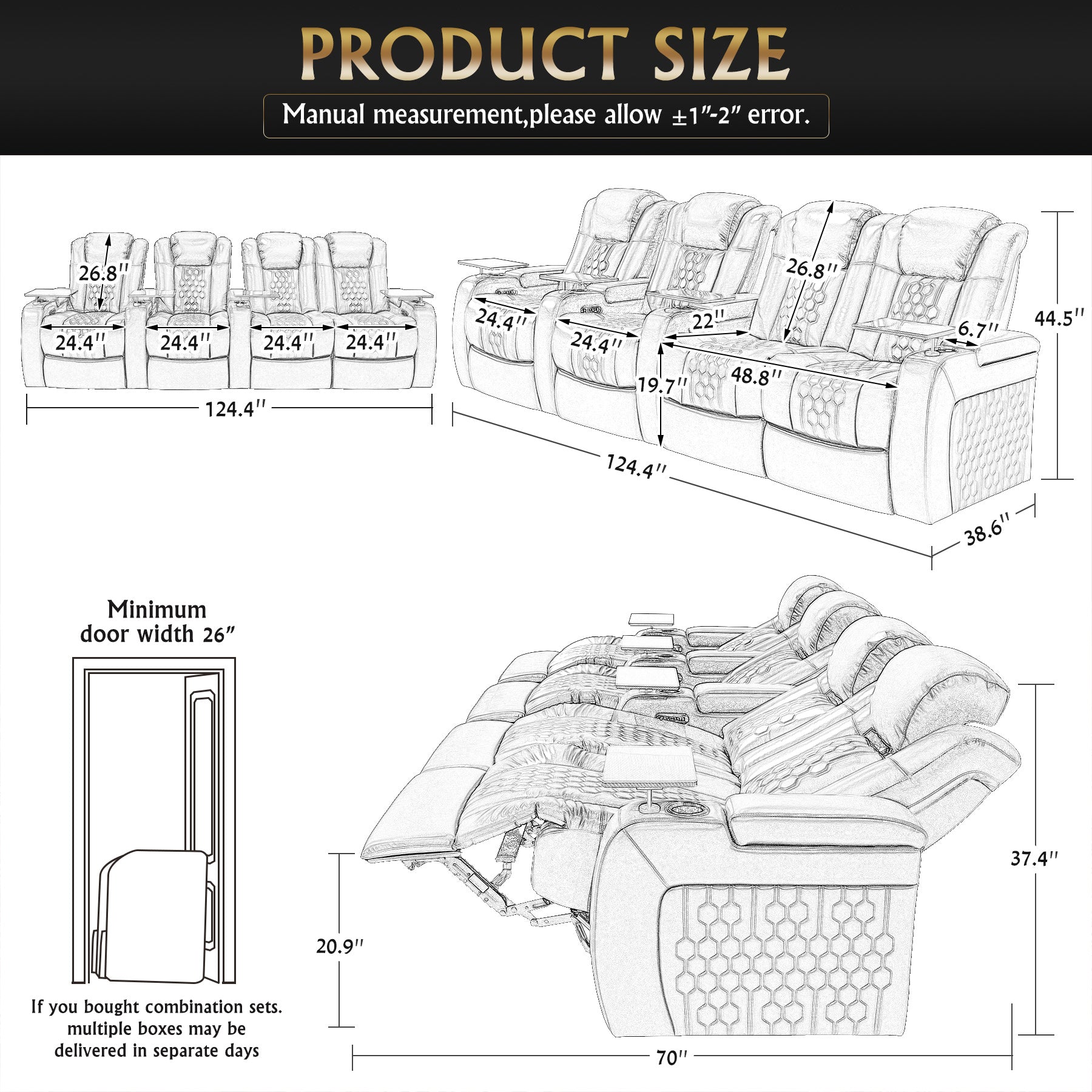 124.4"Power Recliner 4 PC Made WithTop-Grain Nappa,Fully Adjustable Relaxation,Smart Charging,Dynamic RGB LED Lighting,COFFEE