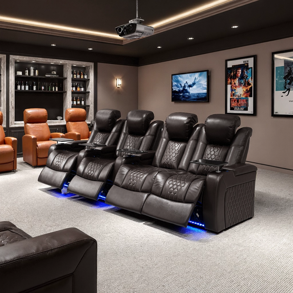 124.4"Power Recliner 4 PC Made WithTop-Grain Nappa,Fully Adjustable Relaxation,Smart Charging,Dynamic RGB LED Lighting,COFFEE