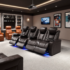 124.4"Power Recliner 4 PC Made WithTop-Grain Nappa,Fully Adjustable Relaxation,Smart Charging,Dynamic RGB LED Lighting,COFFEE