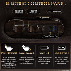 124.4"Power Recliner 4 PC Made WithTop-Grain Nappa,Fully Adjustable Relaxation,Smart Charging,Dynamic RGB LED Lighting,COFFEE