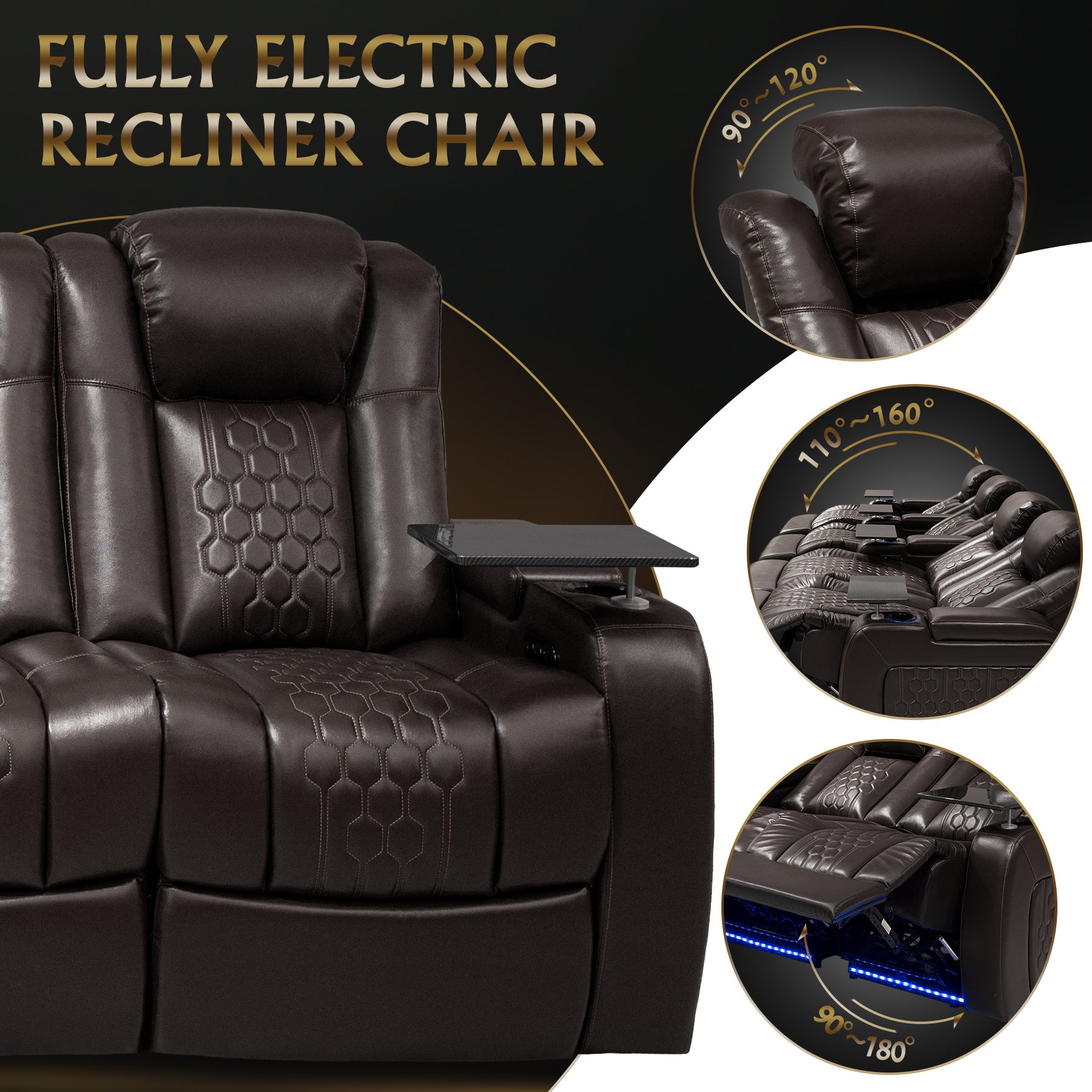 124.4"Power Recliner 4 PC Made WithTop-Grain Nappa,Fully Adjustable Relaxation,Smart Charging,Dynamic RGB LED Lighting,COFFEE