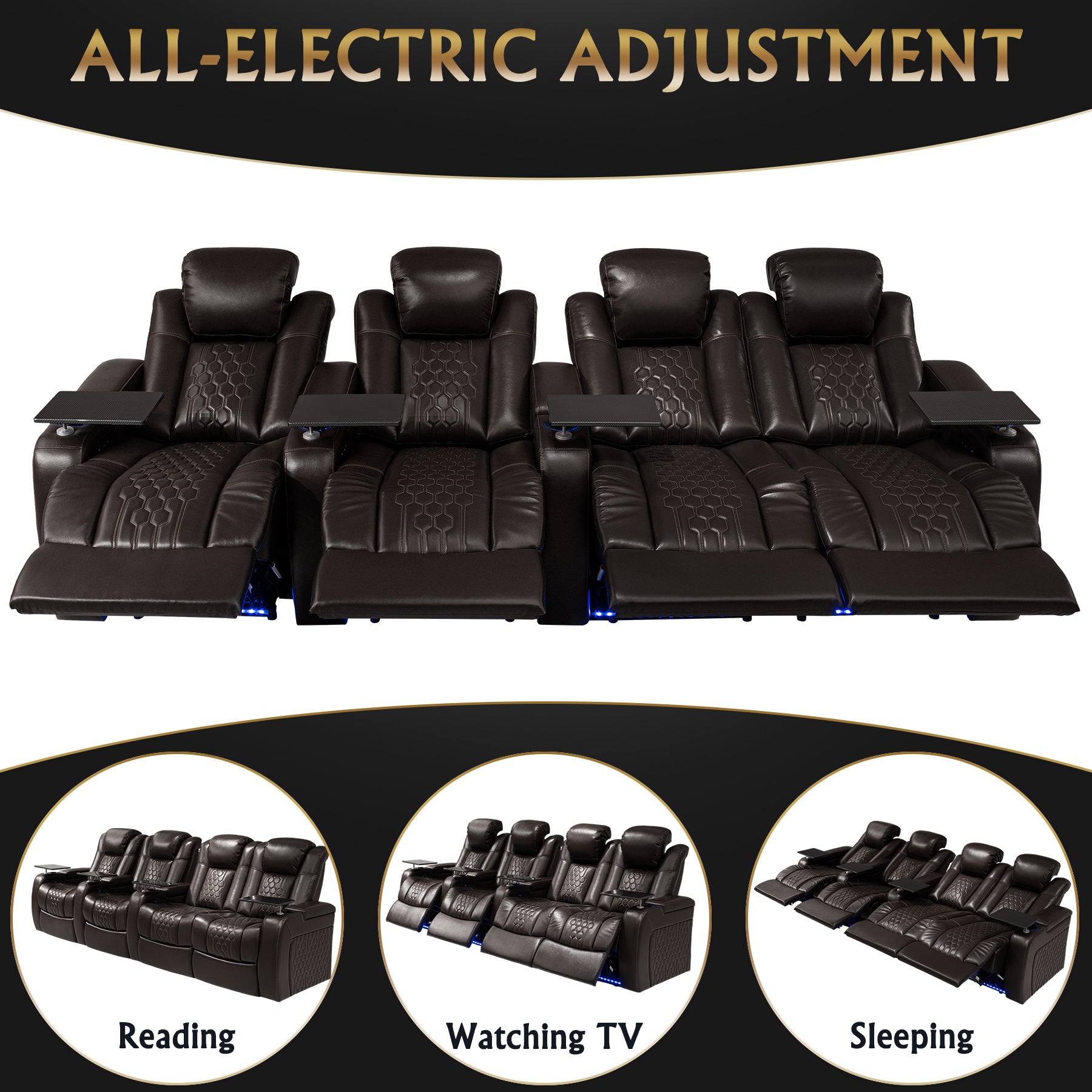 124.4"Power Recliner 4 PC Made WithTop-Grain Nappa,Fully Adjustable Relaxation,Smart Charging,Dynamic RGB LED Lighting,COFFEE