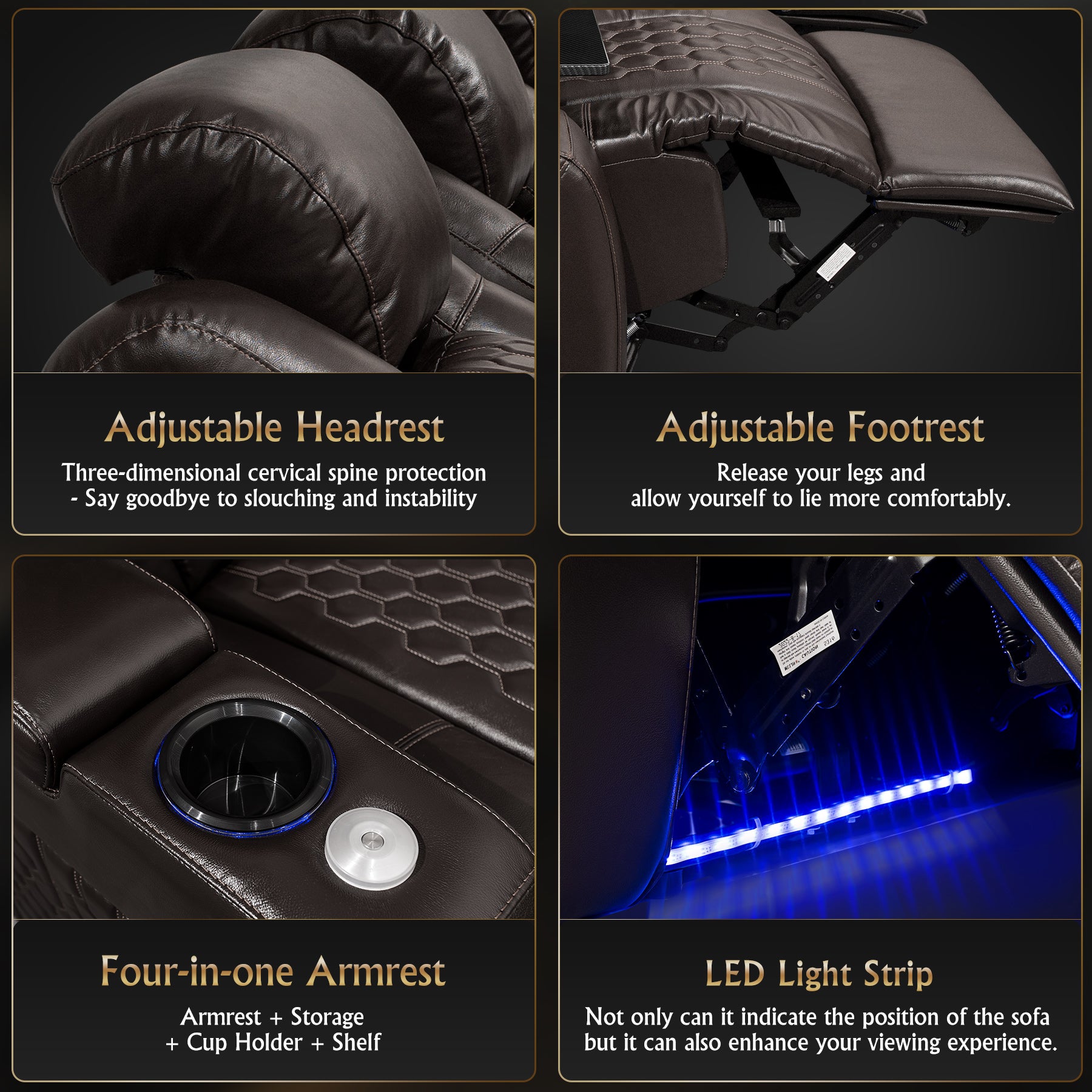 124.4"Power Recliner 4 PC Made WithTop-Grain Nappa,Fully Adjustable Relaxation,Smart Charging,Dynamic RGB LED Lighting,COFFEE
