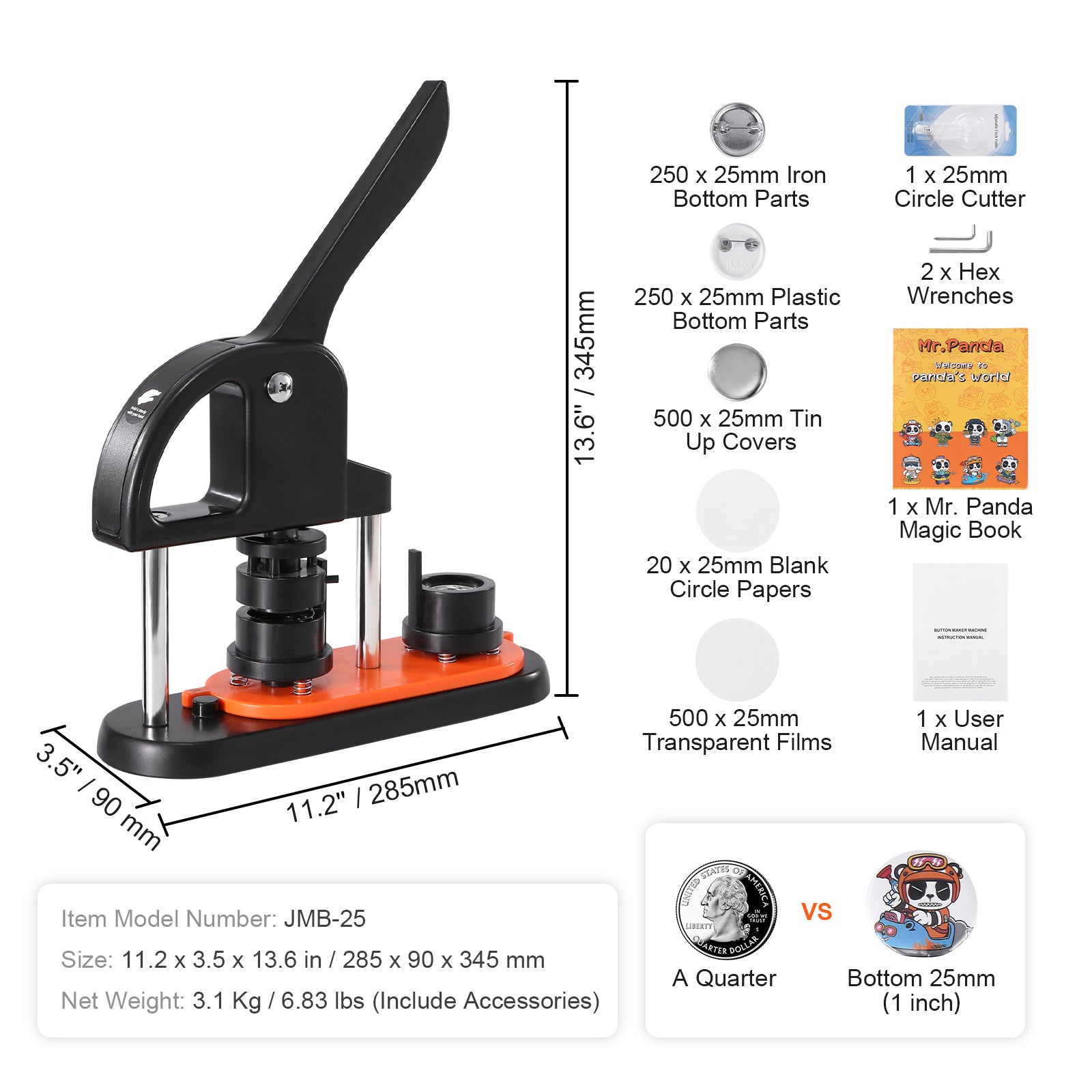 Button Maker Machine, 0.98 inch/25mm Pin Maker with 500pcs Button Parts, Button Maker with Panda Magic Book, Ergonomic Arc Handle Punch Press Kit, For Children DIY Gifts and Christmas