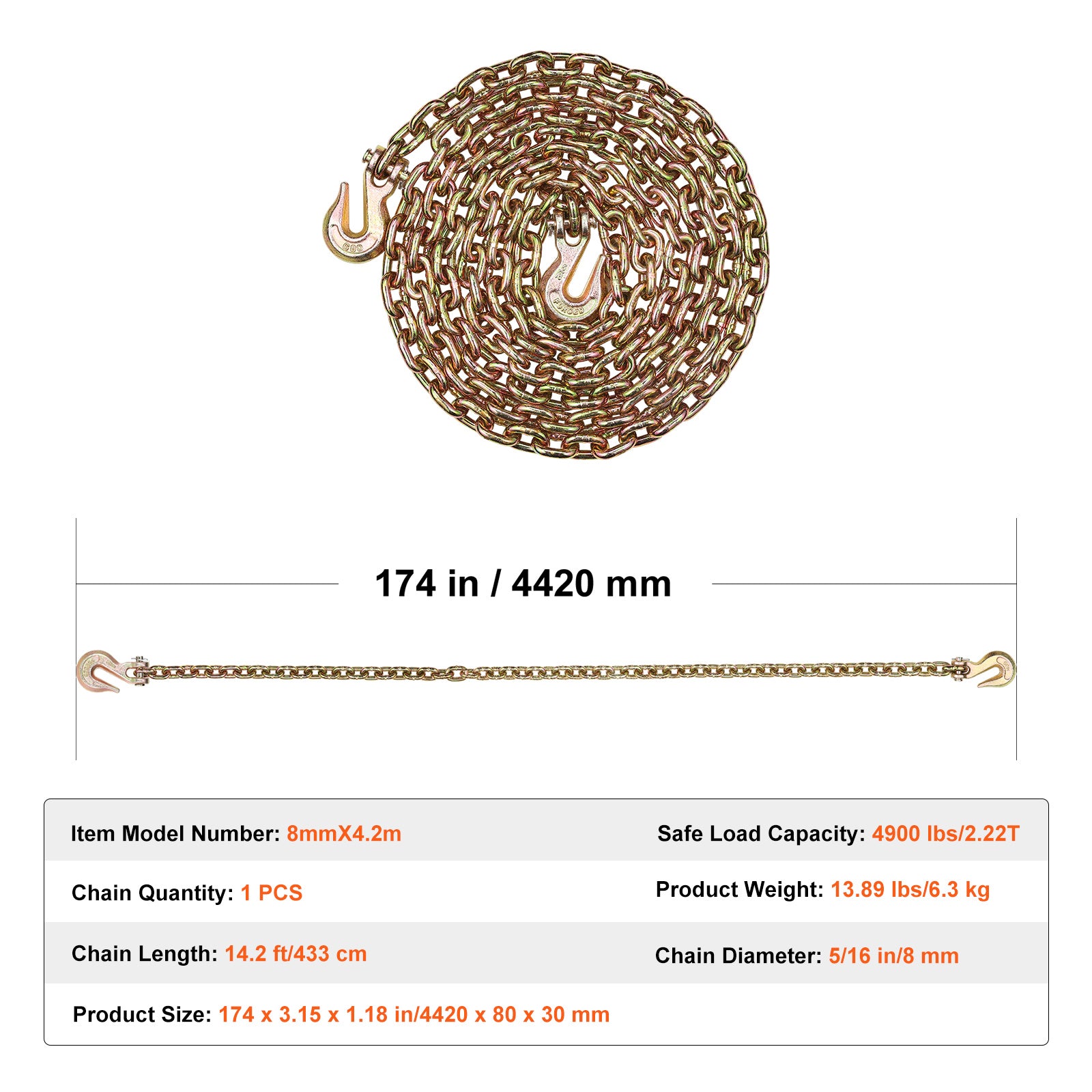 Binder Chain G80 Tie Down Tow Chain with Two Hooks 5/16" x 14.2' 4900 lbs