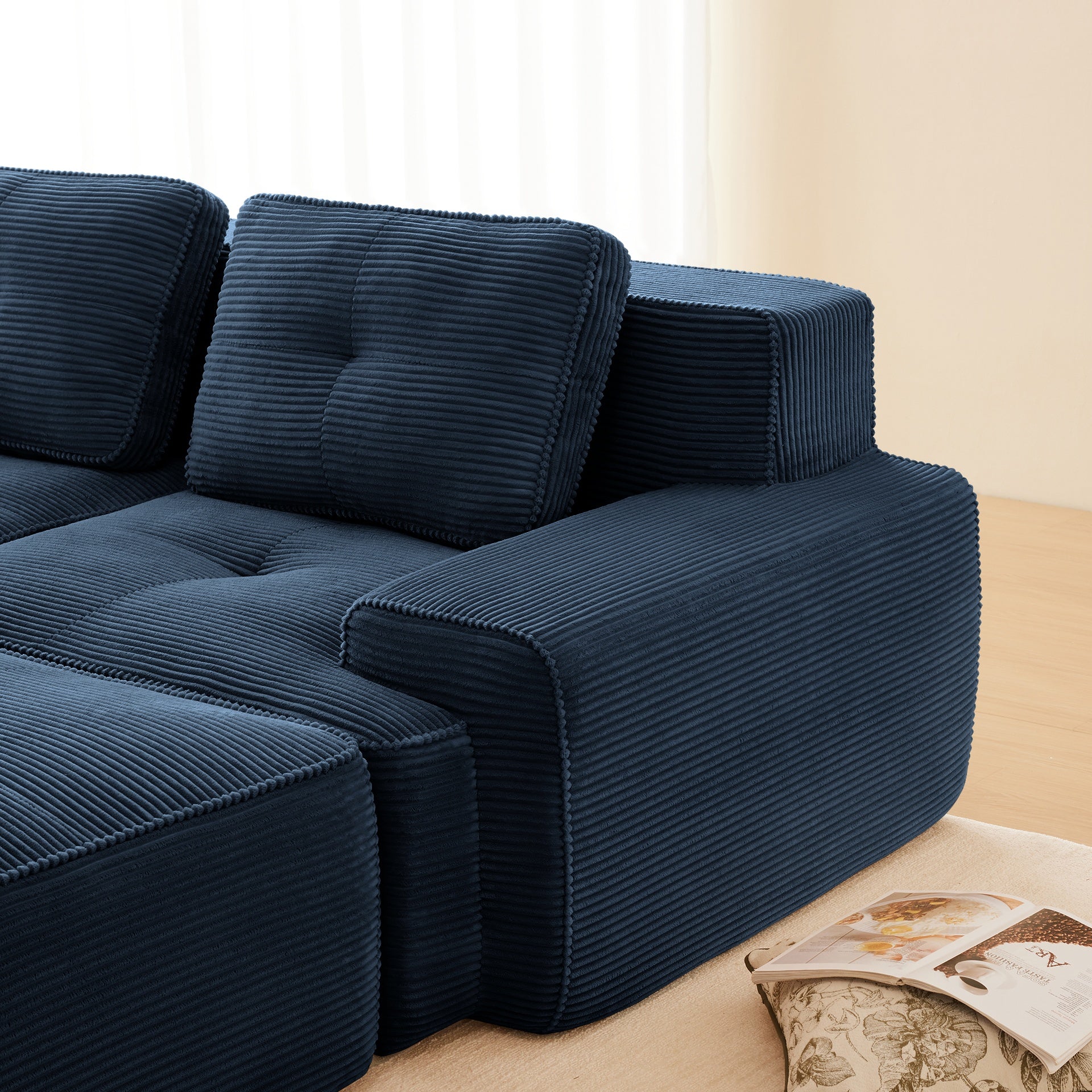Modern Modular Sectional Sofa with 4-Seater,V Shaped  Corner Couch,Corduroy Fabric,Deep Seat for Living Room, Movable Ottoman,Pearl-like piping, Tufted Design, No Assembly, Anti-slip Design,Blue
