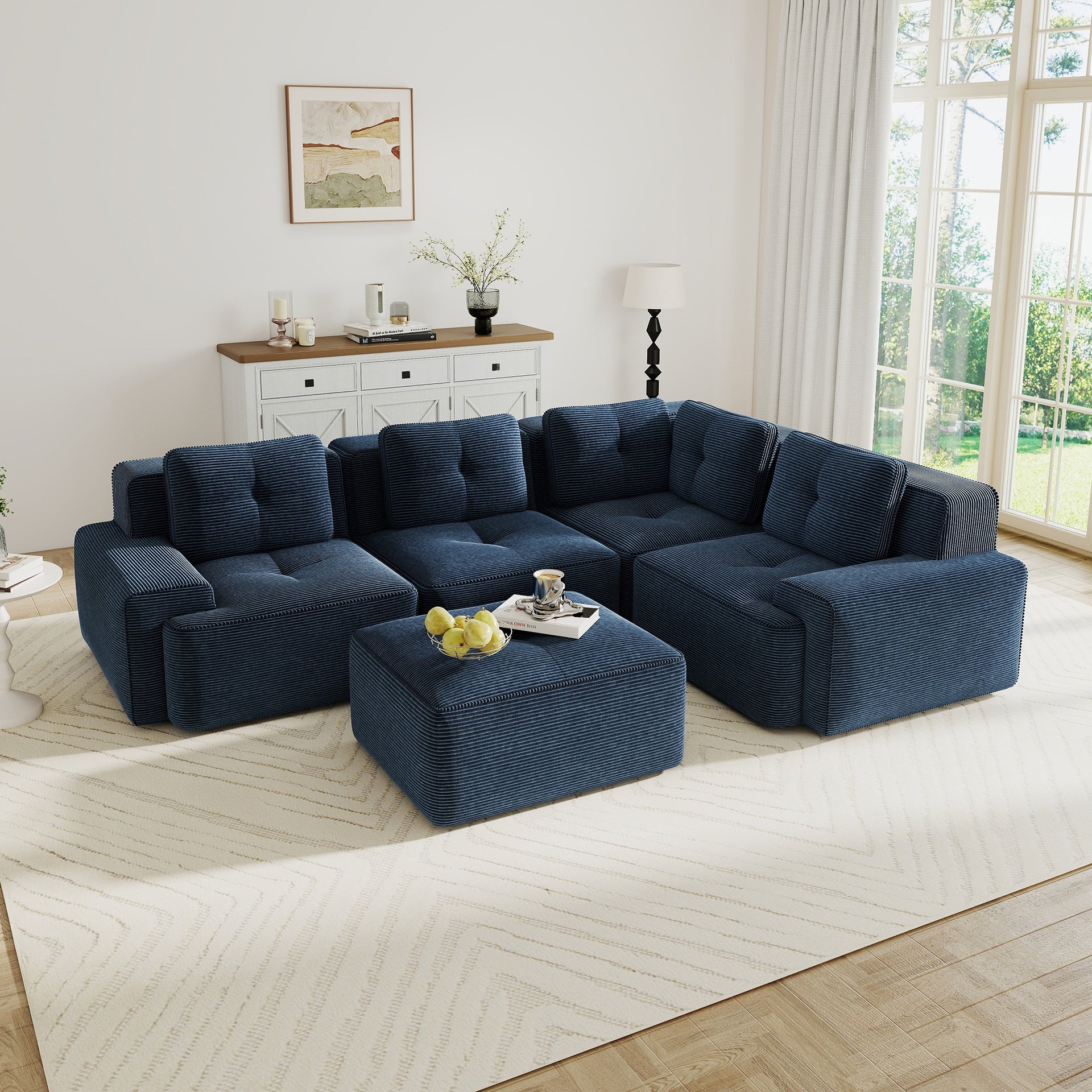 Modern Modular Sectional Sofa with 4-Seater,V Shaped  Corner Couch,Corduroy Fabric,Deep Seat for Living Room, Movable Ottoman,Pearl-like piping, Tufted Design, No Assembly, Anti-slip Design,Blue