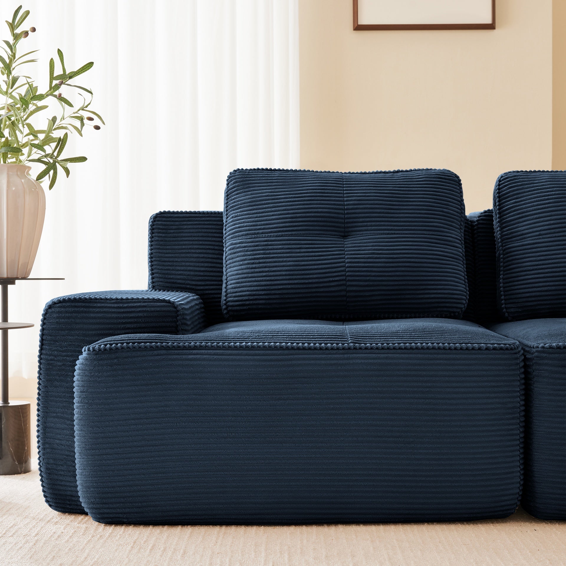 Modern Modular Sectional Sofa with 4-Seater,V Shaped  Corner Couch,Corduroy Fabric,Deep Seat for Living Room, Movable Ottoman,Pearl-like piping, Tufted Design, No Assembly, Anti-slip Design,Blue
