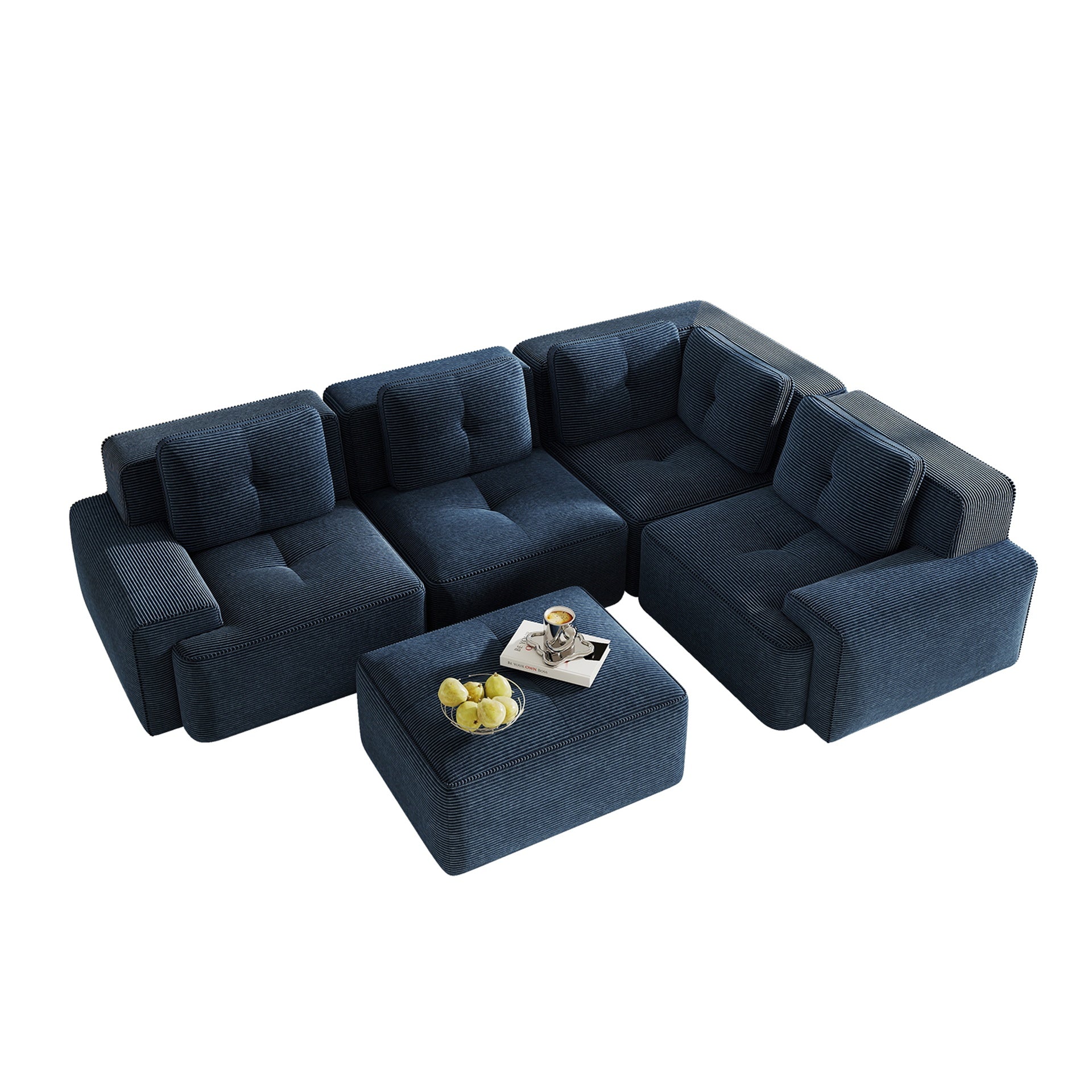 Modern Modular Sectional Sofa with 4-Seater,V Shaped  Corner Couch,Corduroy Fabric,Deep Seat for Living Room, Movable Ottoman,Pearl-like piping, Tufted Design, No Assembly, Anti-slip Design,Blue