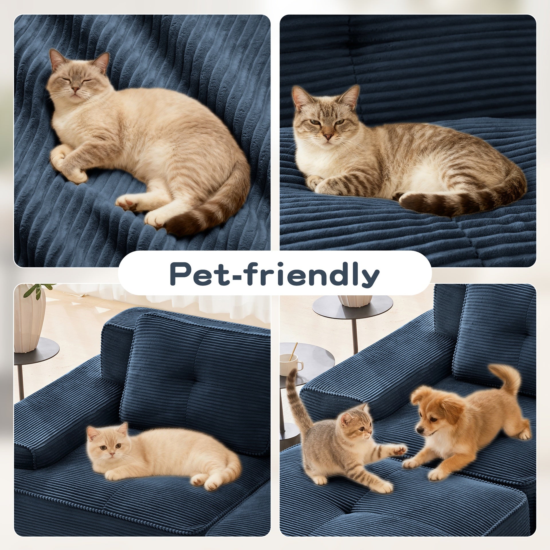 Modern Modular Sectional Sofa with 4-Seater,V Shaped  Corner Couch,Corduroy Fabric,Deep Seat for Living Room, Movable Ottoman,Pearl-like piping, Tufted Design, No Assembly, Anti-slip Design,Blue