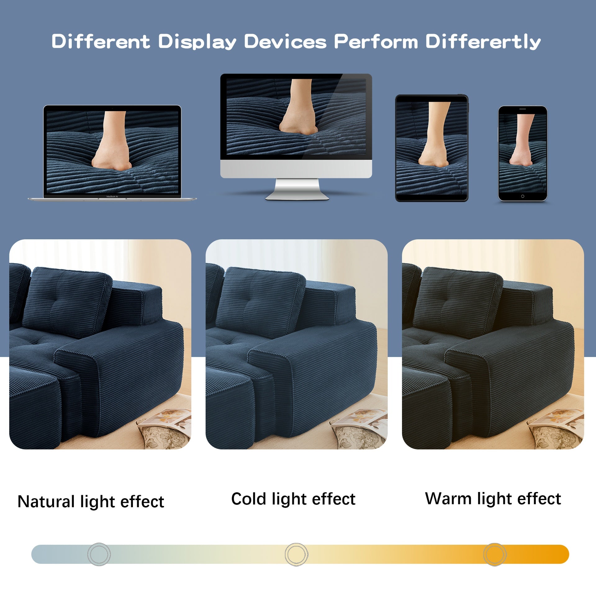 Modern Modular Sectional Sofa with 4-Seater,V Shaped  Corner Couch,Corduroy Fabric,Deep Seat for Living Room, Movable Ottoman,Pearl-like piping, Tufted Design, No Assembly, Anti-slip Design,Blue