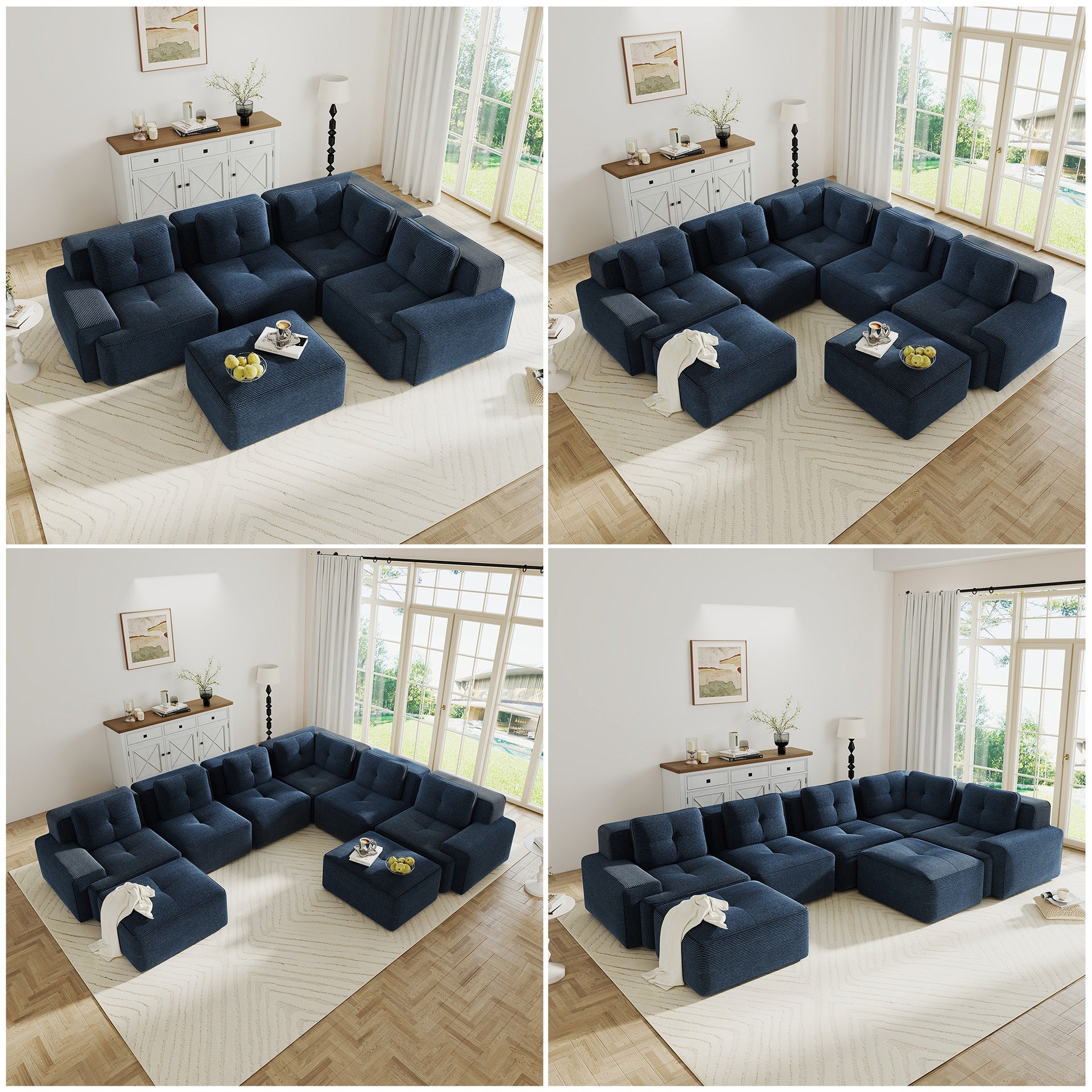 Modern Modular Sectional Sofa with 4-Seater,V Shaped  Corner Couch,Corduroy Fabric,Deep Seat for Living Room, Movable Ottoman,Pearl-like piping, Tufted Design, No Assembly, Anti-slip Design,Blue