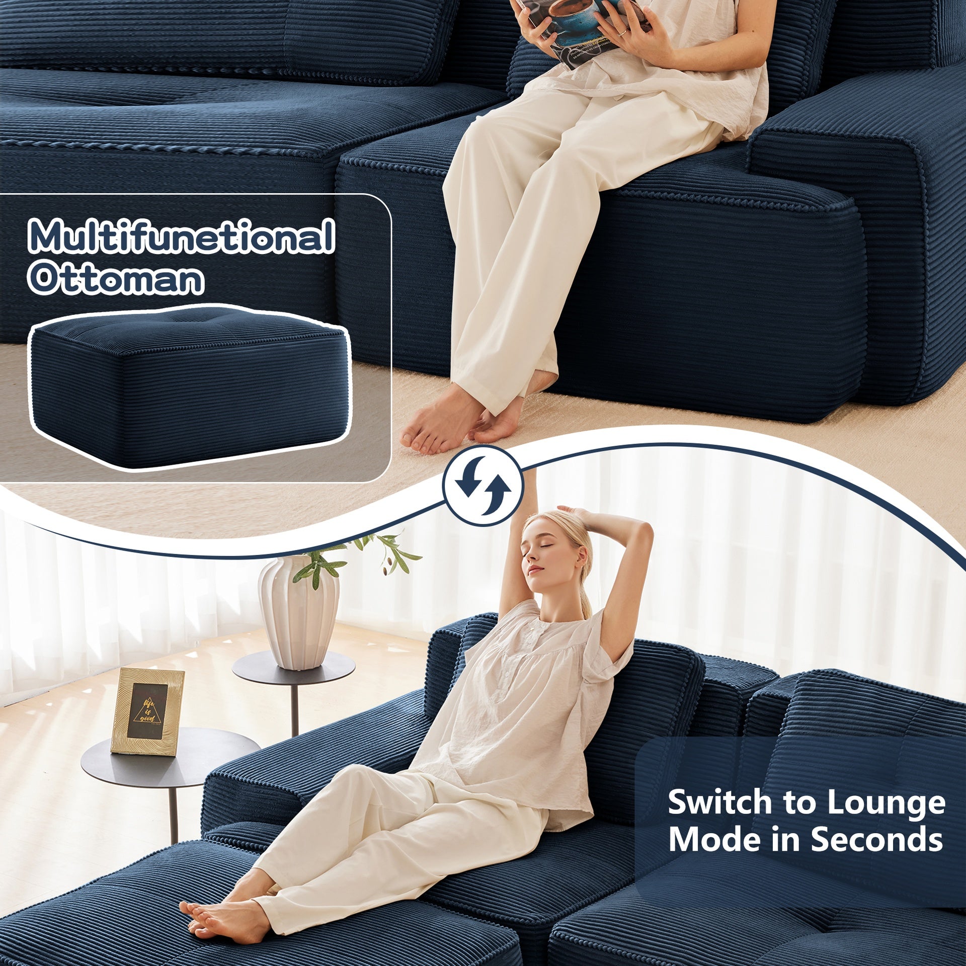 Modern Modular Sectional Sofa with 4-Seater,V Shaped  Corner Couch,Corduroy Fabric,Deep Seat for Living Room, Movable Ottoman,Pearl-like piping, Tufted Design, No Assembly, Anti-slip Design,Blue
