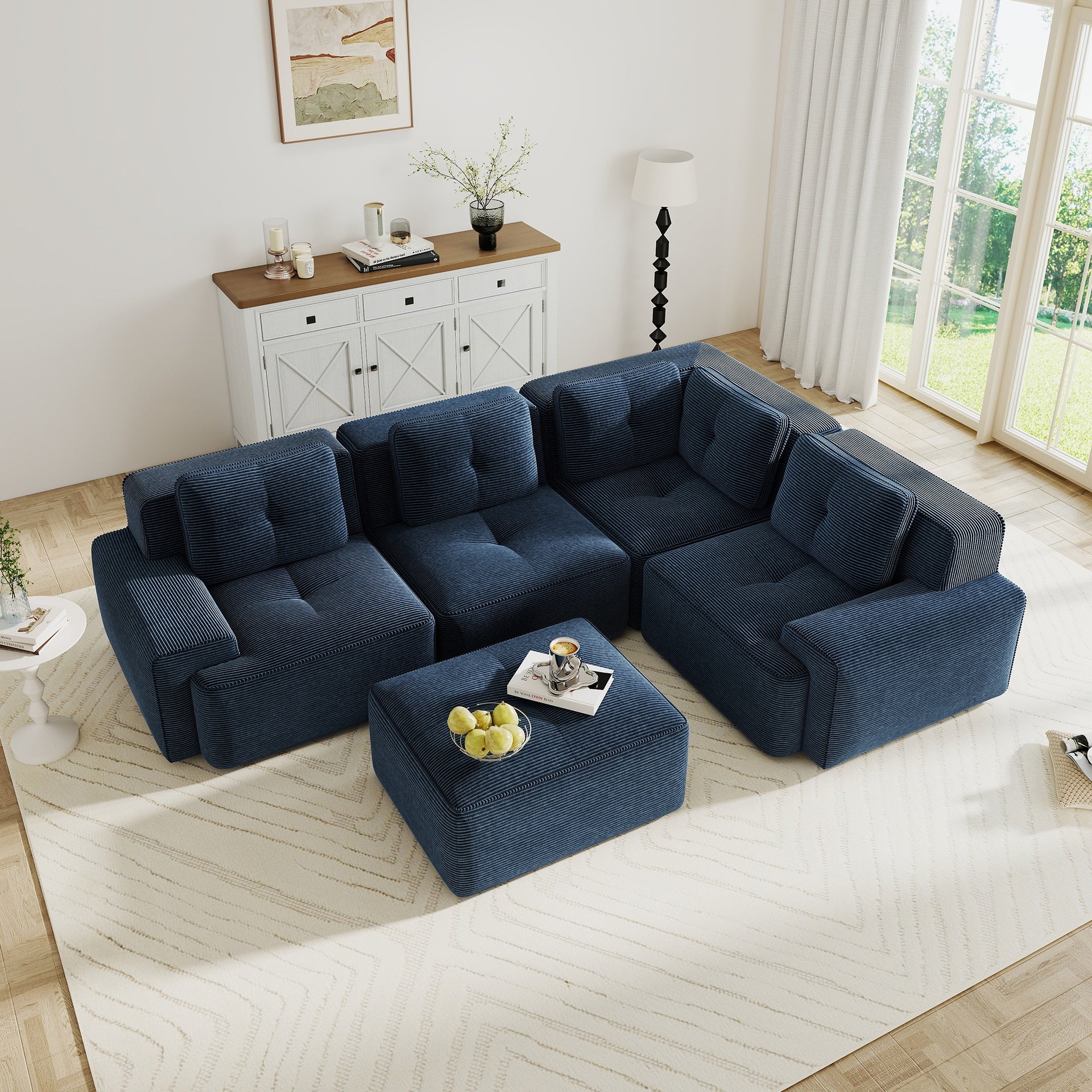 Modern Modular Sectional Sofa with 4-Seater,V Shaped  Corner Couch,Corduroy Fabric,Deep Seat for Living Room, Movable Ottoman,Pearl-like piping, Tufted Design, No Assembly, Anti-slip Design,Blue