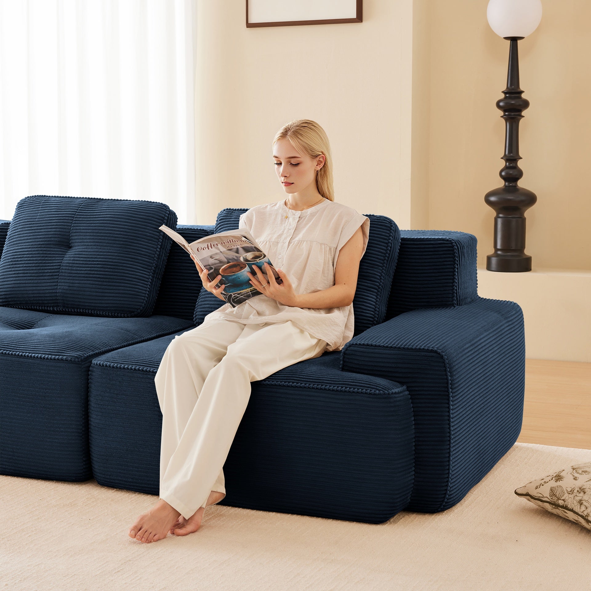 Modern Modular Sectional Sofa with 4-Seater,V Shaped  Corner Couch,Corduroy Fabric,Deep Seat for Living Room, Movable Ottoman,Pearl-like piping, Tufted Design, No Assembly, Anti-slip Design,Blue