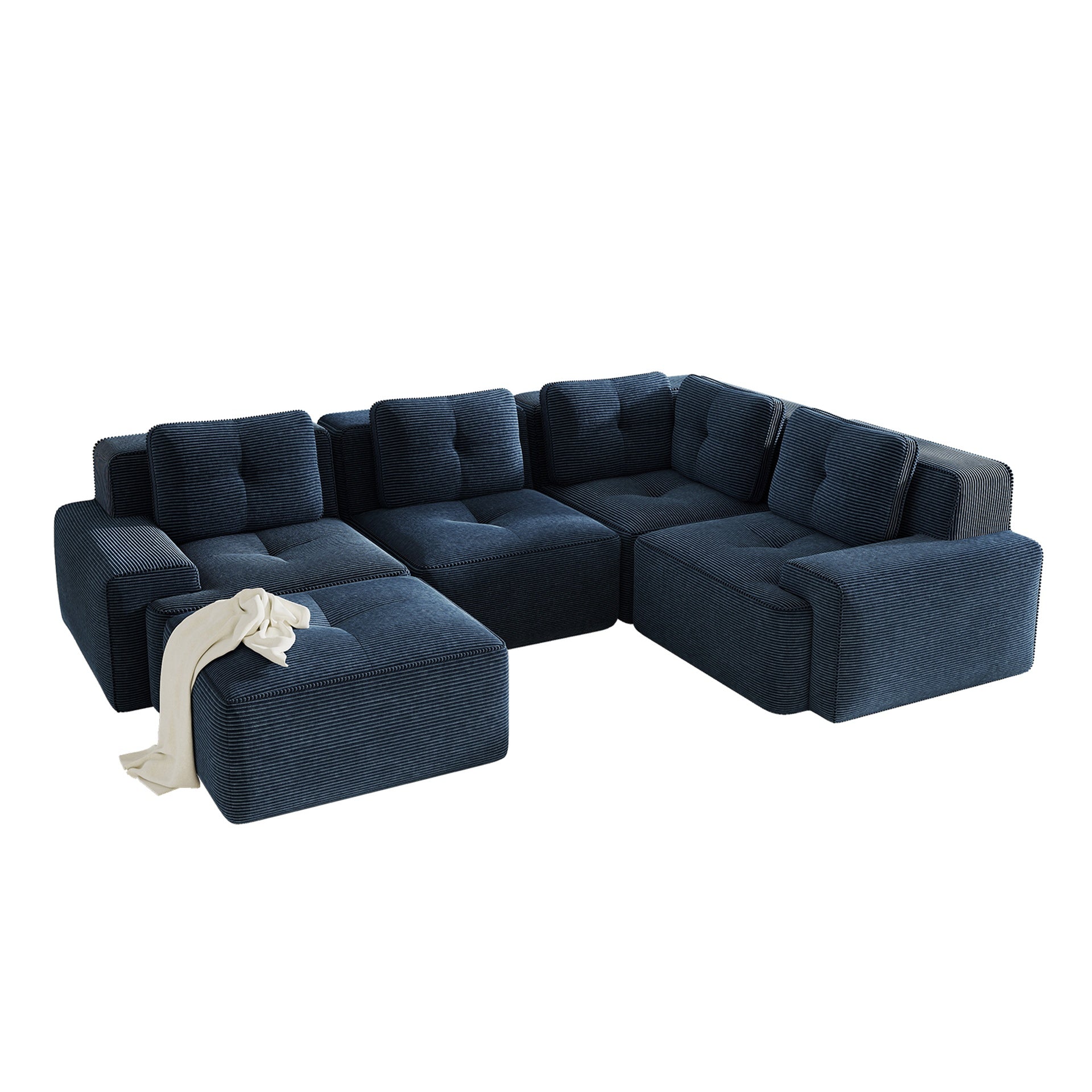 Modern Modular Sectional Sofa with 4-Seater,V Shaped  Corner Couch,Corduroy Fabric,Deep Seat for Living Room, Movable Ottoman,Pearl-like piping, Tufted Design, No Assembly, Anti-slip Design,Blue