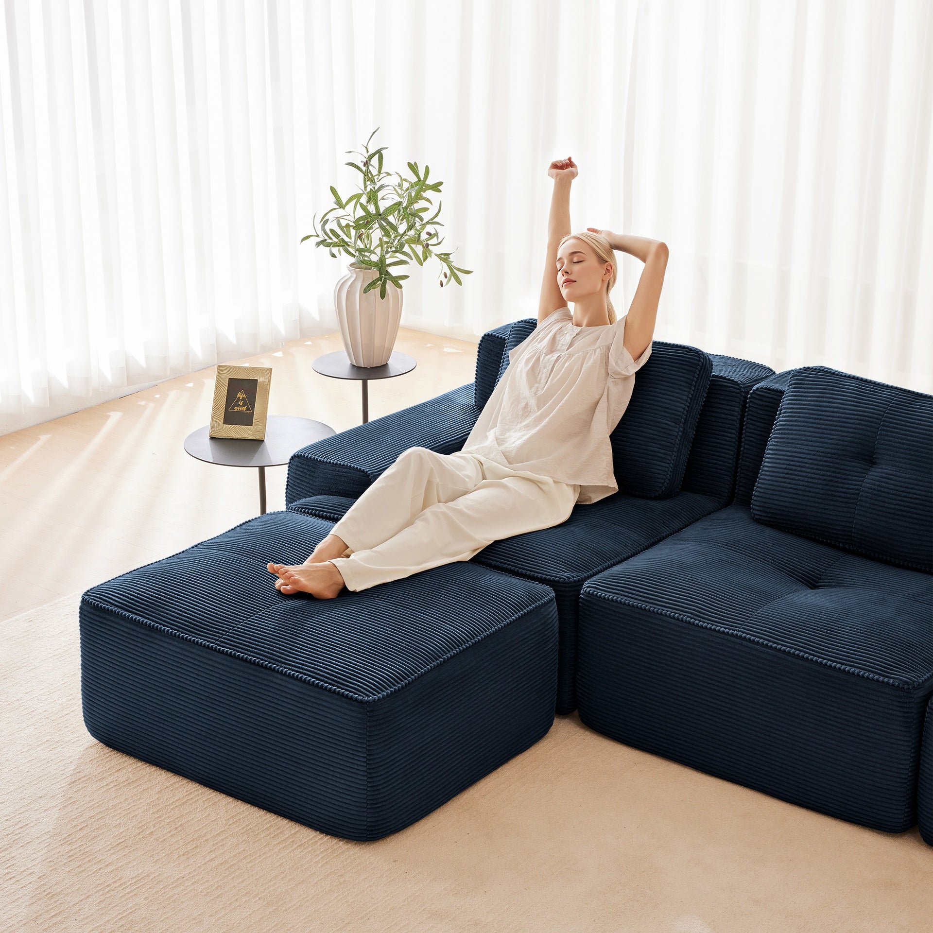 Modern Modular Sectional Sofa with 4-Seater,V Shaped  Corner Couch,Corduroy Fabric,Deep Seat for Living Room, Movable Ottoman,Pearl-like piping, Tufted Design, No Assembly, Anti-slip Design,Blue