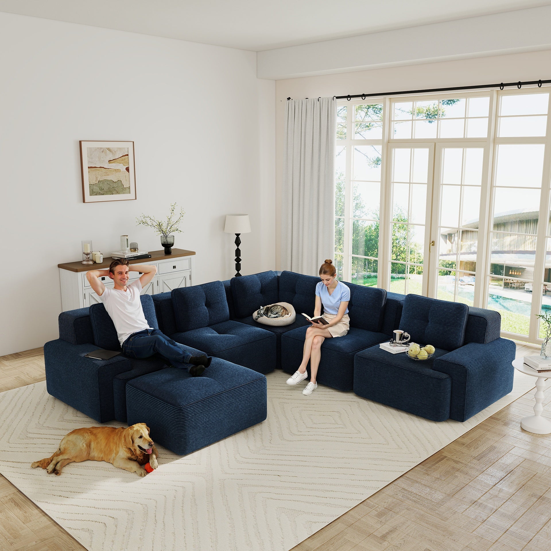 Modern Modular Sectional Sofa with 4-Seater,V Shaped  Corner Couch,Corduroy Fabric,Deep Seat for Living Room, Movable Ottoman,Pearl-like piping, Tufted Design, No Assembly, Anti-slip Design,Blue
