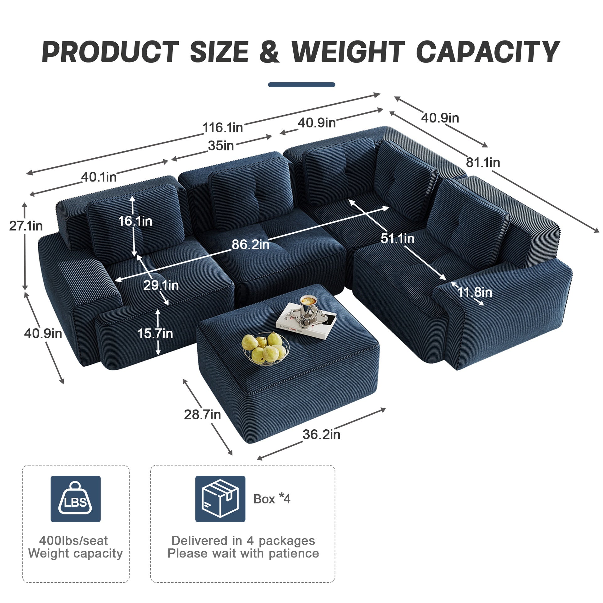 Modern Modular Sectional Sofa with 4-Seater,V Shaped  Corner Couch,Corduroy Fabric,Deep Seat for Living Room, Movable Ottoman,Pearl-like piping, Tufted Design, No Assembly, Anti-slip Design,Blue