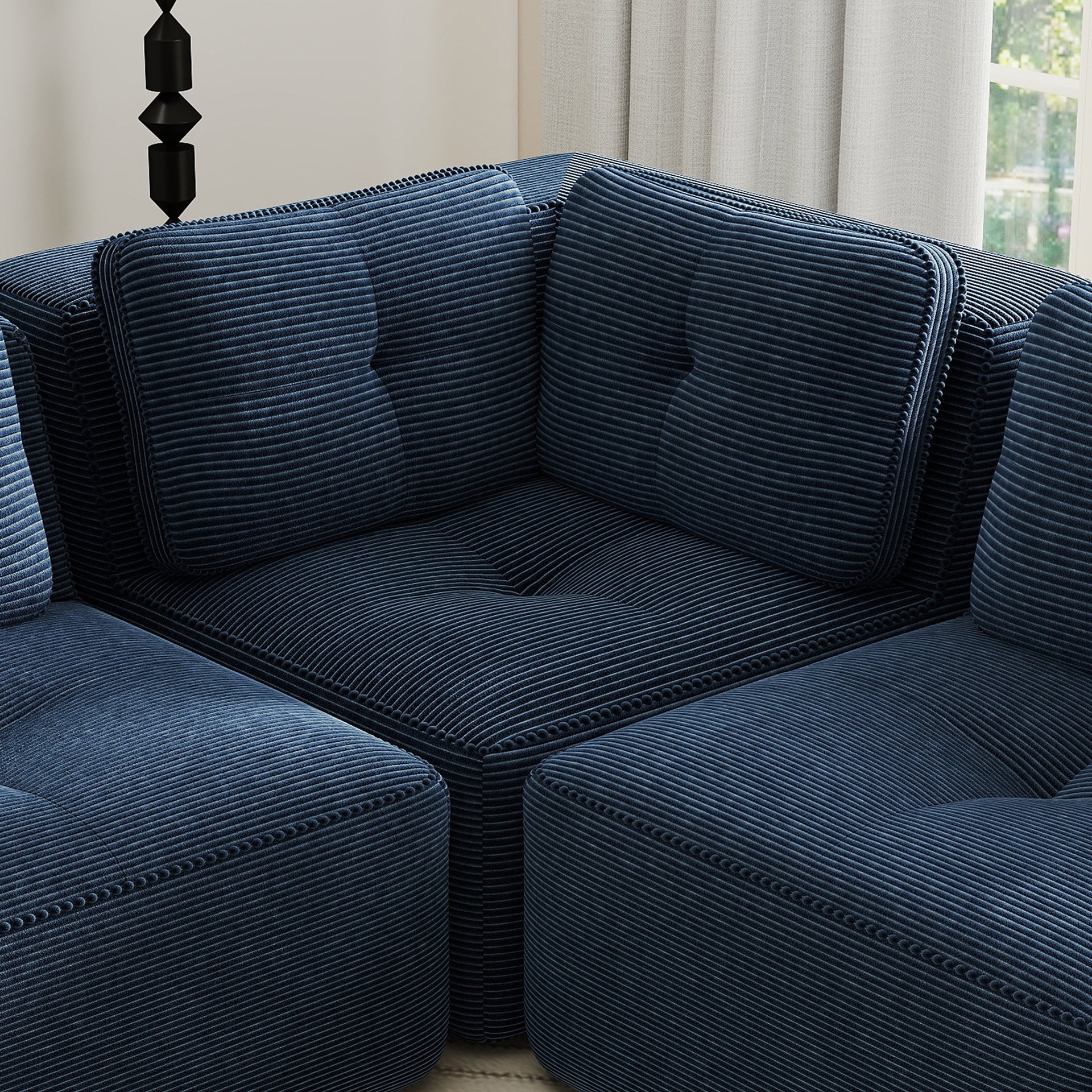 Modern Modular Sectional Sofa with 4-Seater,V Shaped  Corner Couch,Corduroy Fabric,Deep Seat for Living Room, Movable Ottoman,Pearl-like piping, Tufted Design, No Assembly, Anti-slip Design,Blue