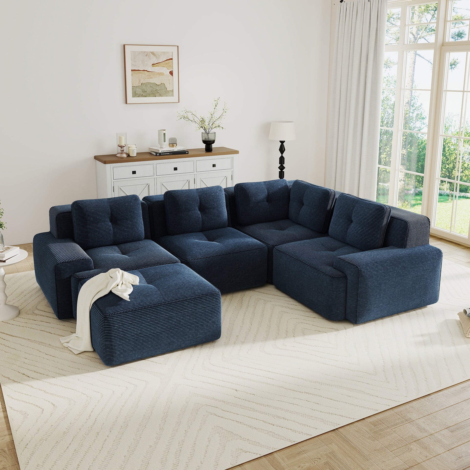 Modern Modular Sectional Sofa with 4-Seater,V Shaped  Corner Couch,Corduroy Fabric,Deep Seat for Living Room, Movable Ottoman,Pearl-like piping, Tufted Design, No Assembly, Anti-slip Design,Blue