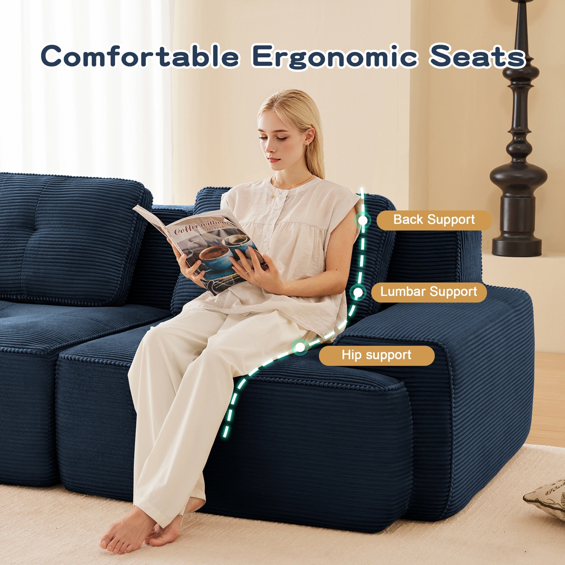 Modern Modular Sectional Sofa with 4-Seater,V Shaped  Corner Couch,Corduroy Fabric,Deep Seat for Living Room, Movable Ottoman,Pearl-like piping, Tufted Design, No Assembly, Anti-slip Design,Blue