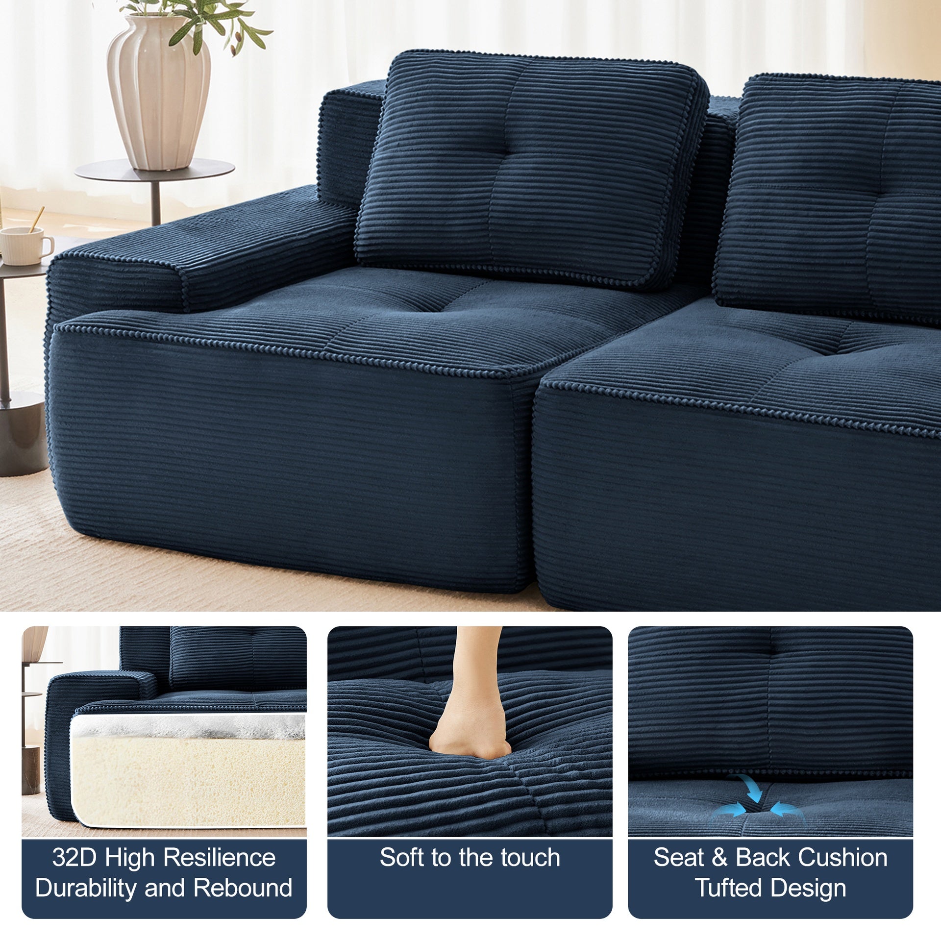 Modern Modular Sectional Sofa with 4-Seater,V Shaped  Corner Couch,Corduroy Fabric,Deep Seat for Living Room, Movable Ottoman,Pearl-like piping, Tufted Design, No Assembly, Anti-slip Design,Blue