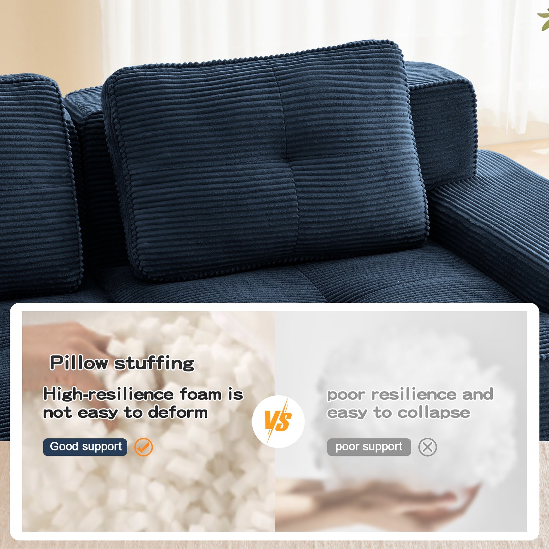 Modern Modular Sectional Sofa with 4-Seater,V Shaped  Corner Couch,Corduroy Fabric,Deep Seat for Living Room, Movable Ottoman,Pearl-like piping, Tufted Design, No Assembly, Anti-slip Design,Blue