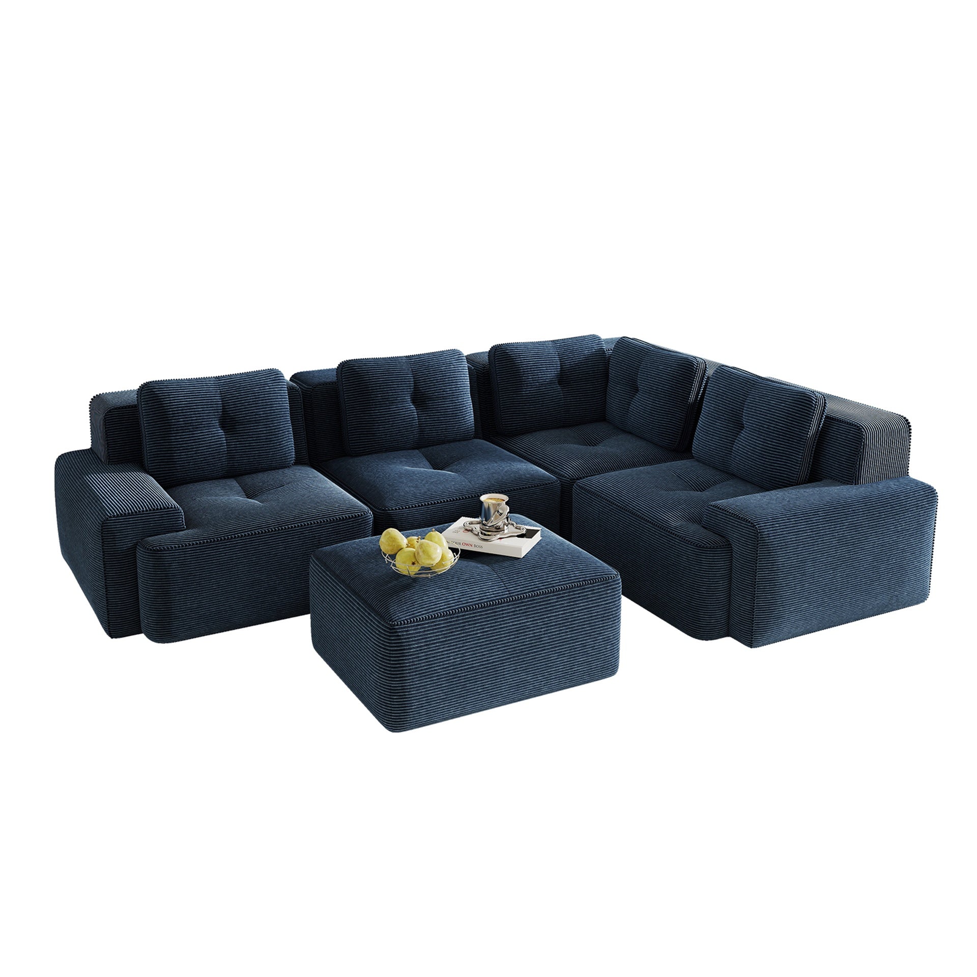 Modern Modular Sectional Sofa with 4-Seater,V Shaped  Corner Couch,Corduroy Fabric,Deep Seat for Living Room, Movable Ottoman,Pearl-like piping, Tufted Design, No Assembly, Anti-slip Design,Blue