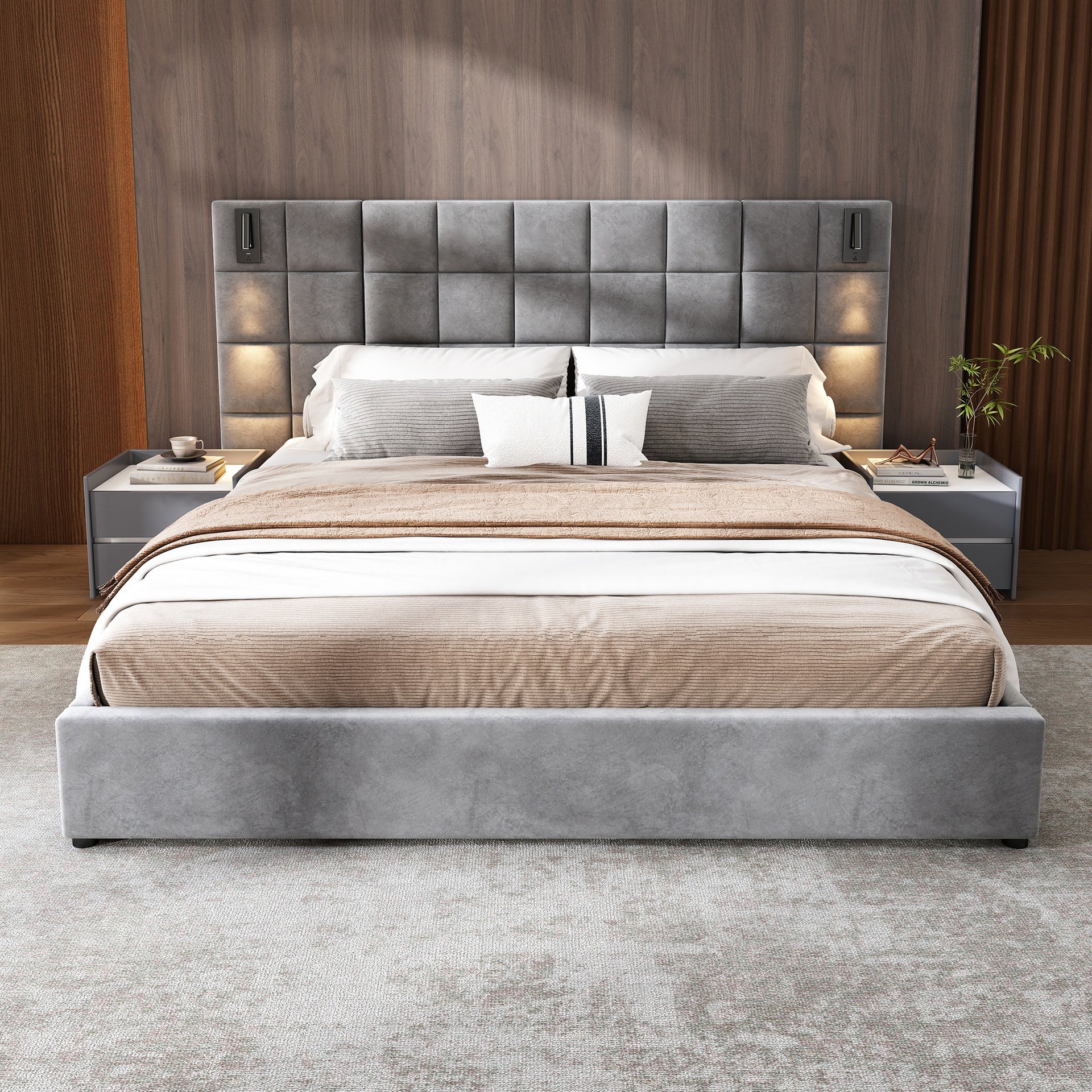 King Size Upholstered Bed Frame,With Wall Sconce And USB Port, Wide Headboard, Velvet, Gray