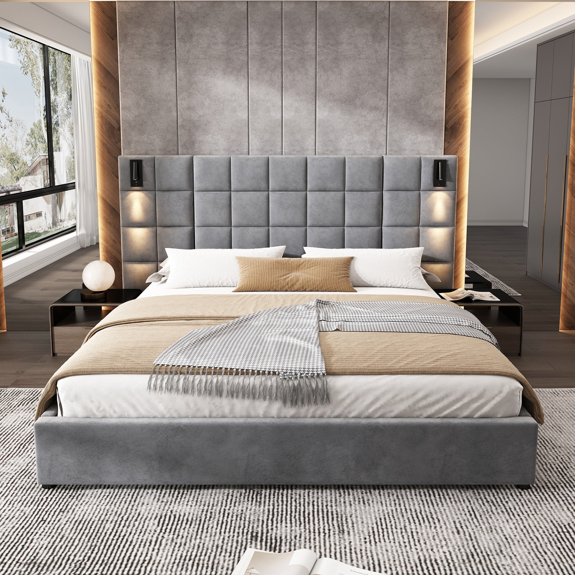 King Size Upholstered Bed Frame,With Wall Sconce And USB Port, Wide Headboard, Velvet, Gray