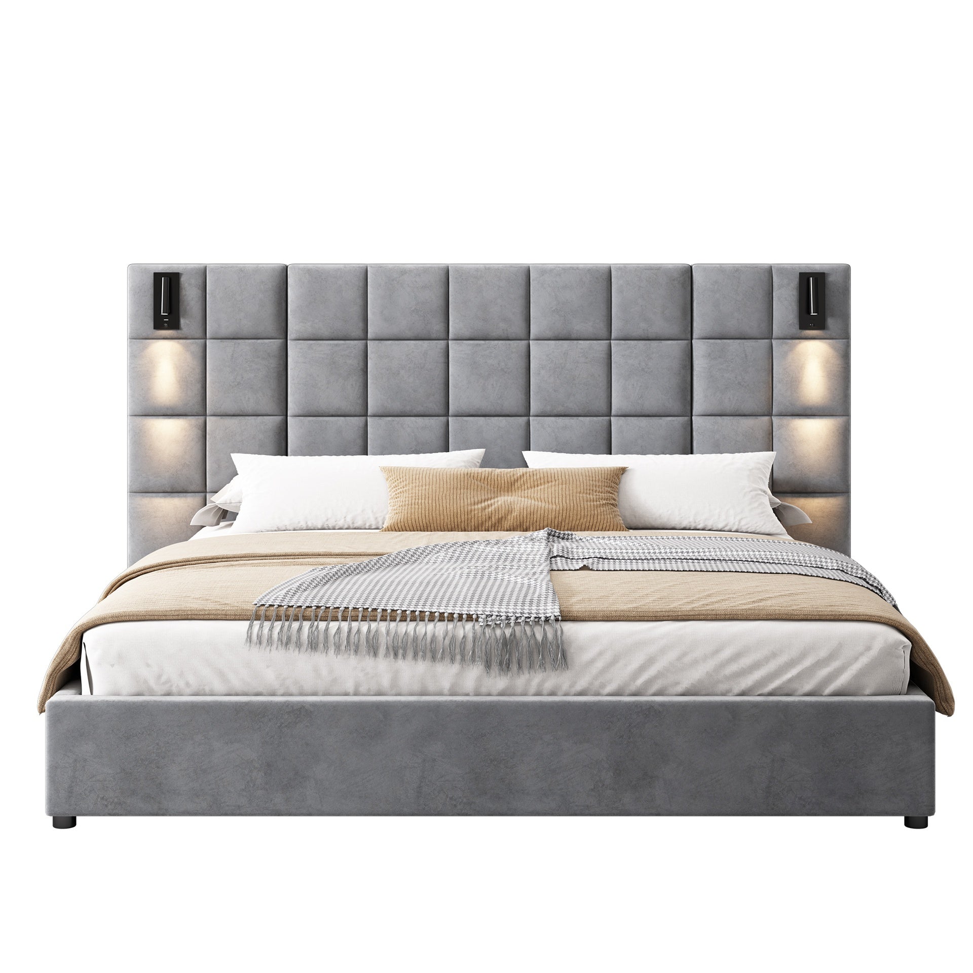 King Size Upholstered Bed Frame,With Wall Sconce And USB Port, Wide Headboard, Velvet, Gray