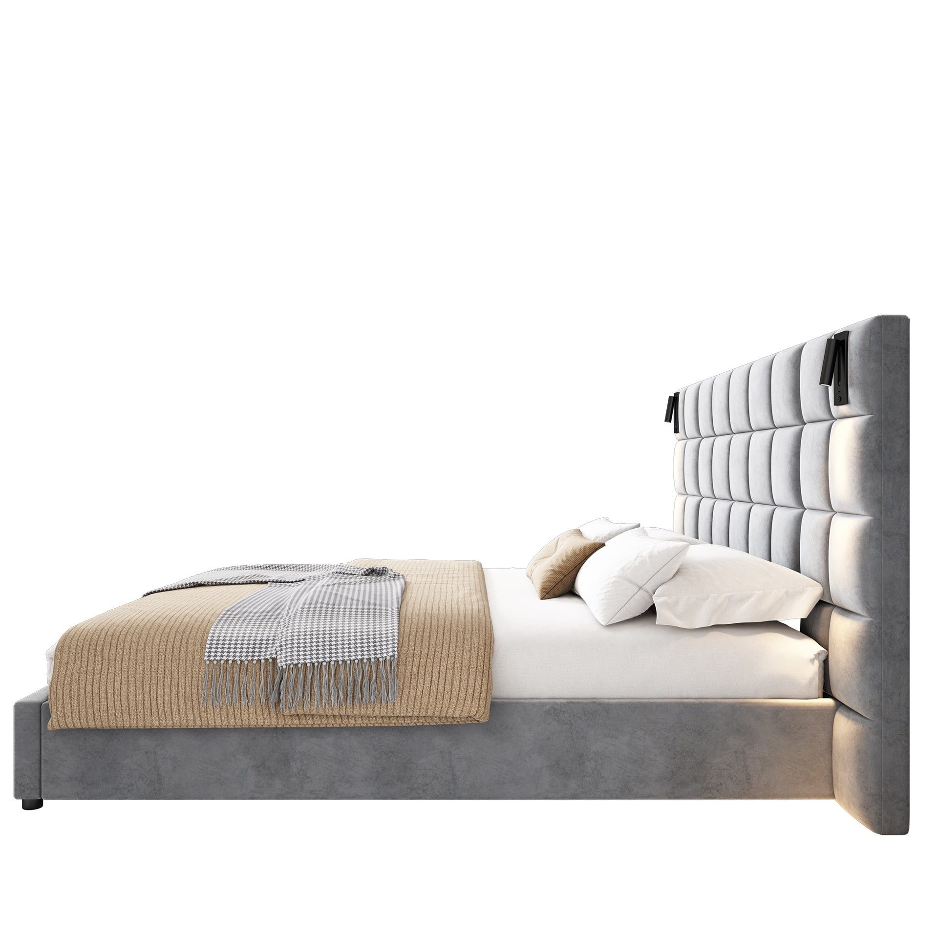 King Size Upholstered Bed Frame,With Wall Sconce And USB Port, Wide Headboard, Velvet, Gray