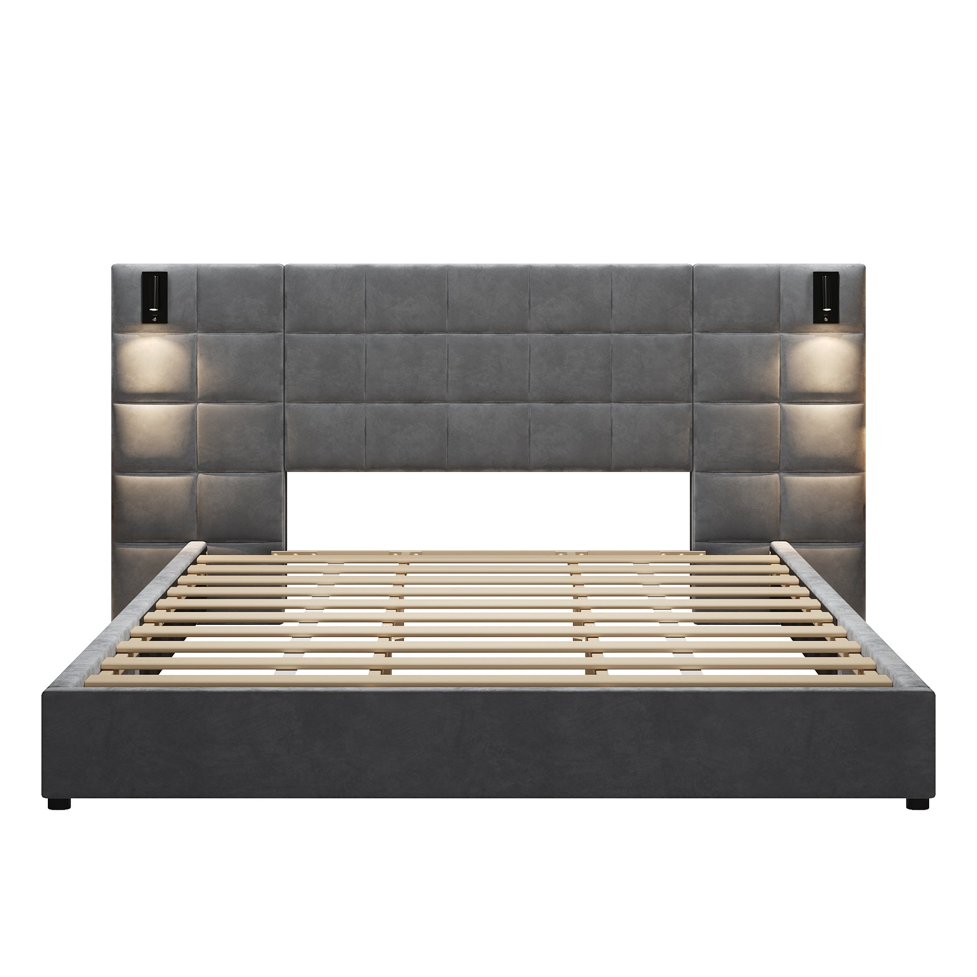 King Size Upholstered Bed Frame,With Wall Sconce And USB Port, Wide Headboard, Velvet, Gray
