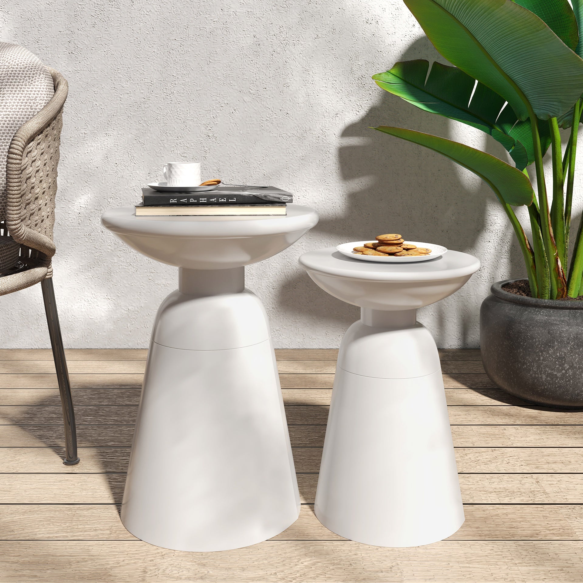 Serenita Outdoor Iron Side Tables with Flared Design, Set of 2 , White