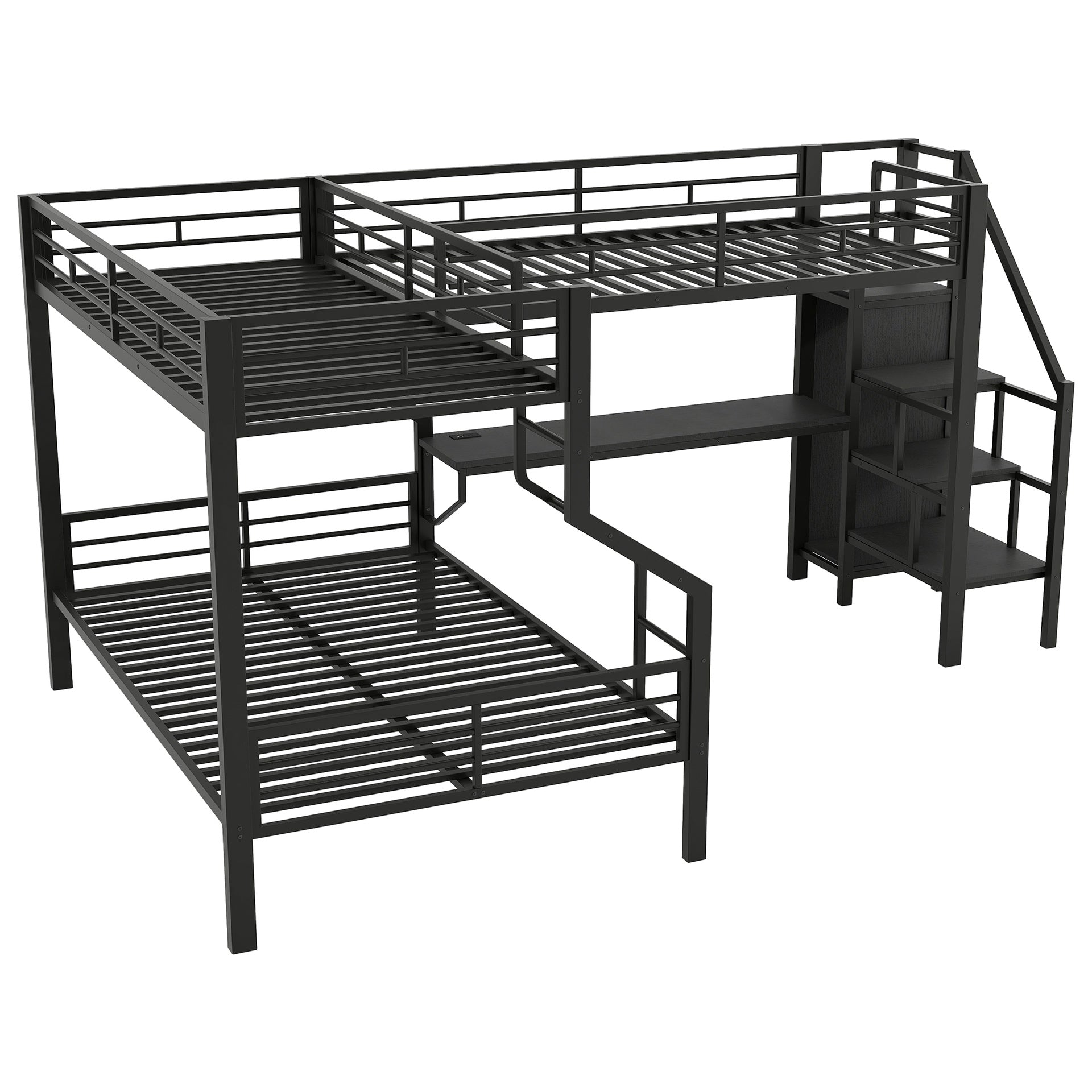 Twin over full L-shaped bunk & loft bed, Built-in Wardrobe and Desk with USB