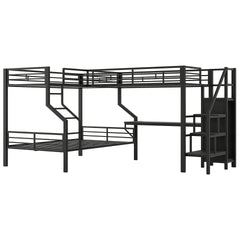 Twin over full L-shaped bunk & loft bed, Built-in Wardrobe and Desk with USB