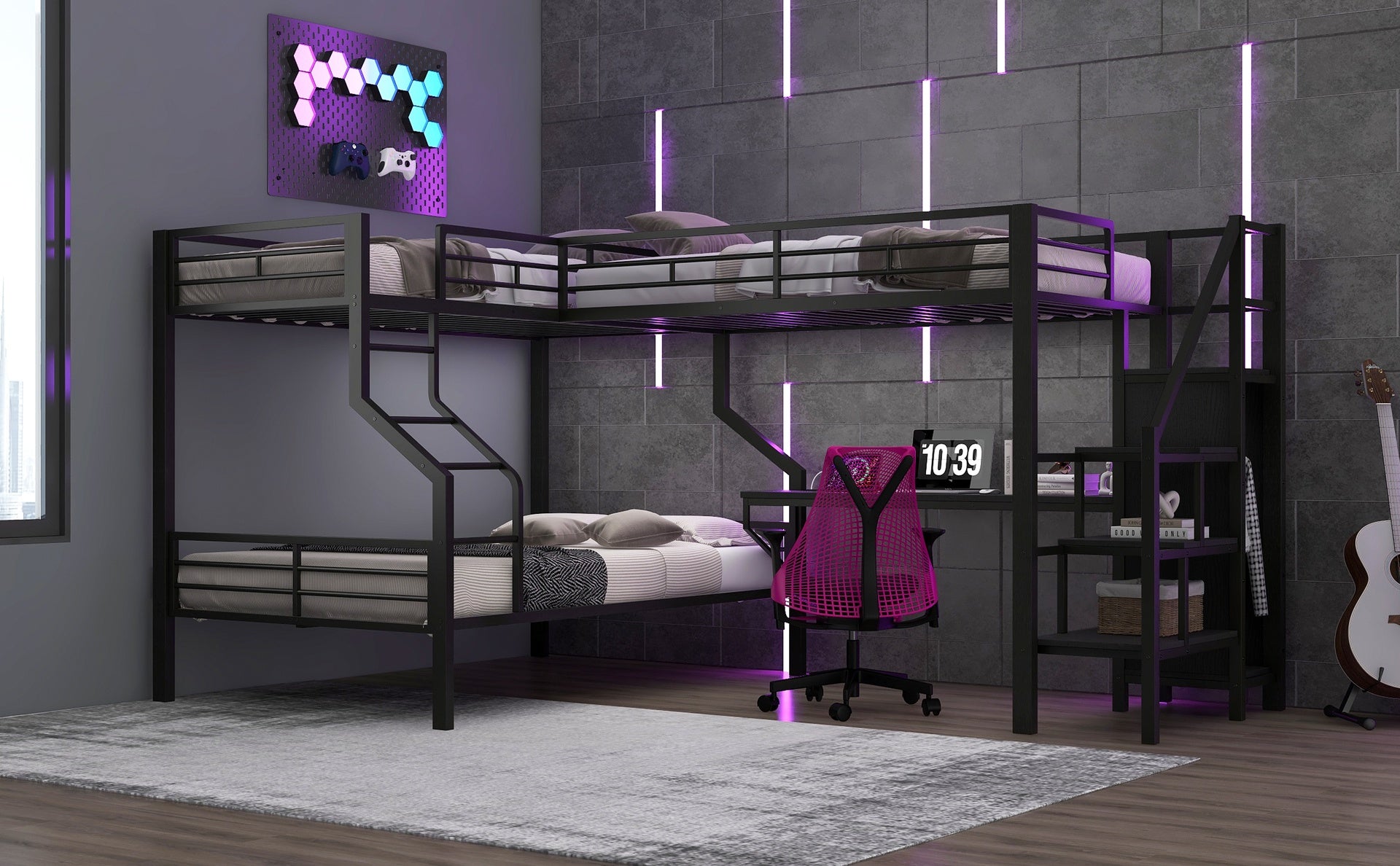 Twin over full L-shaped bunk & loft bed, Built-in Wardrobe and Desk with USB