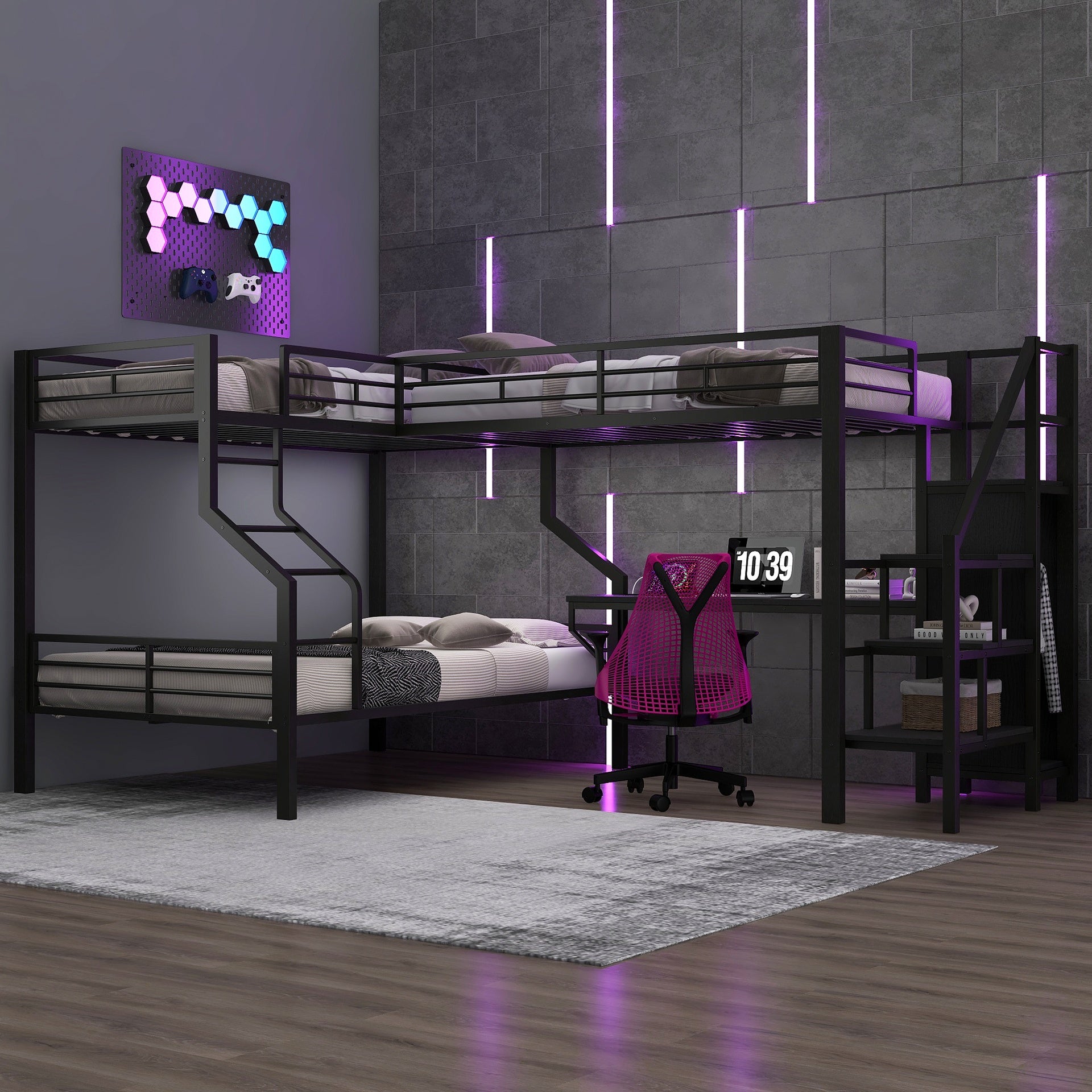 Twin over full L-shaped bunk & loft bed, Built-in Wardrobe and Desk with USB