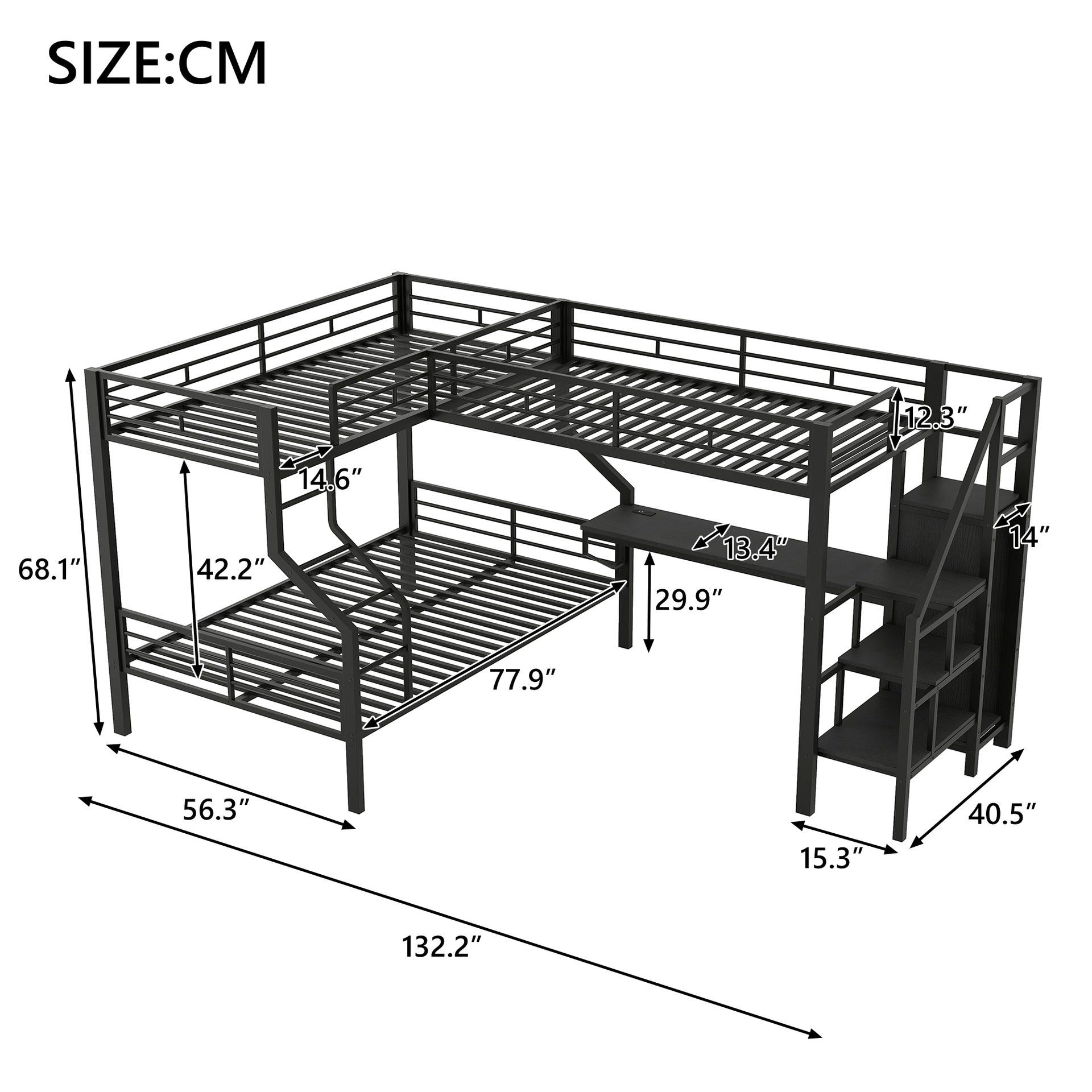 Twin over full L-shaped bunk & loft bed, Built-in Wardrobe and Desk with USB